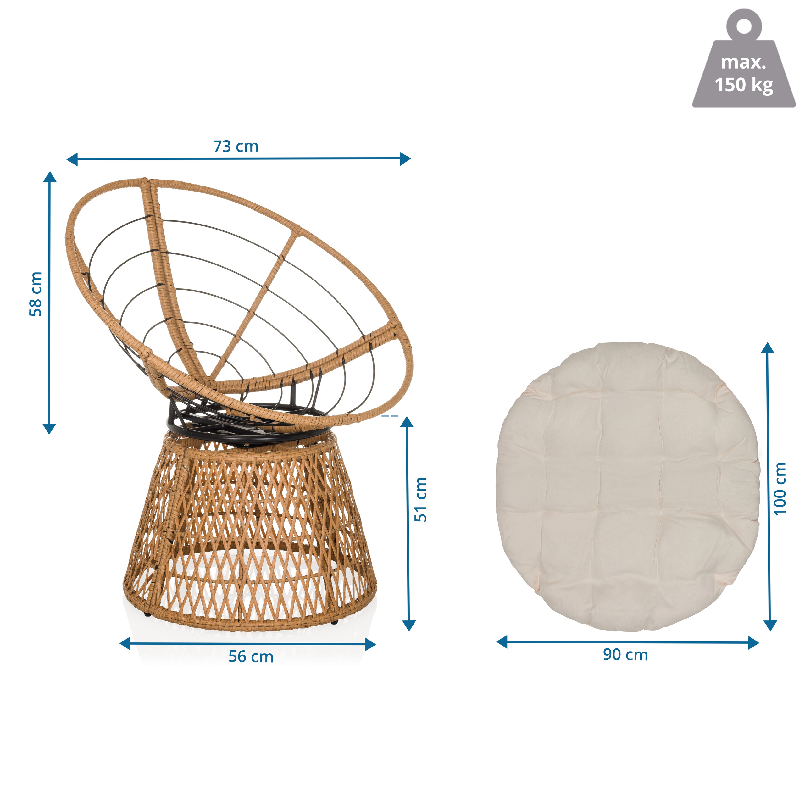 Weavora Papasansessel Drehbar mit Kissen Beige