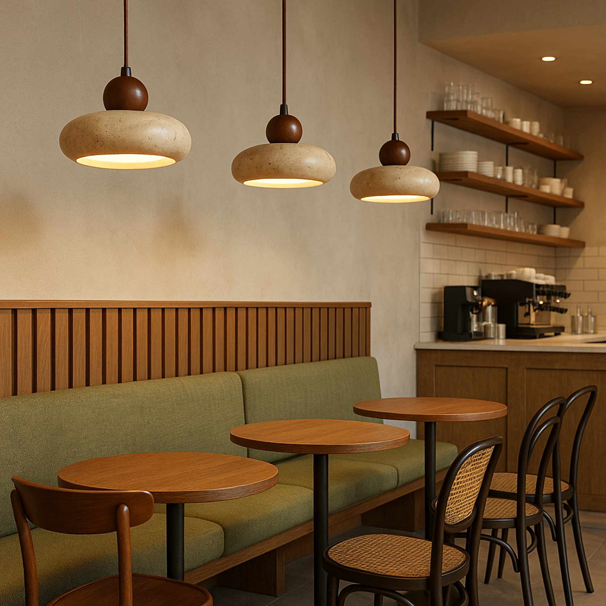 Round Pendant Light Walnut Wood Travertine Brown