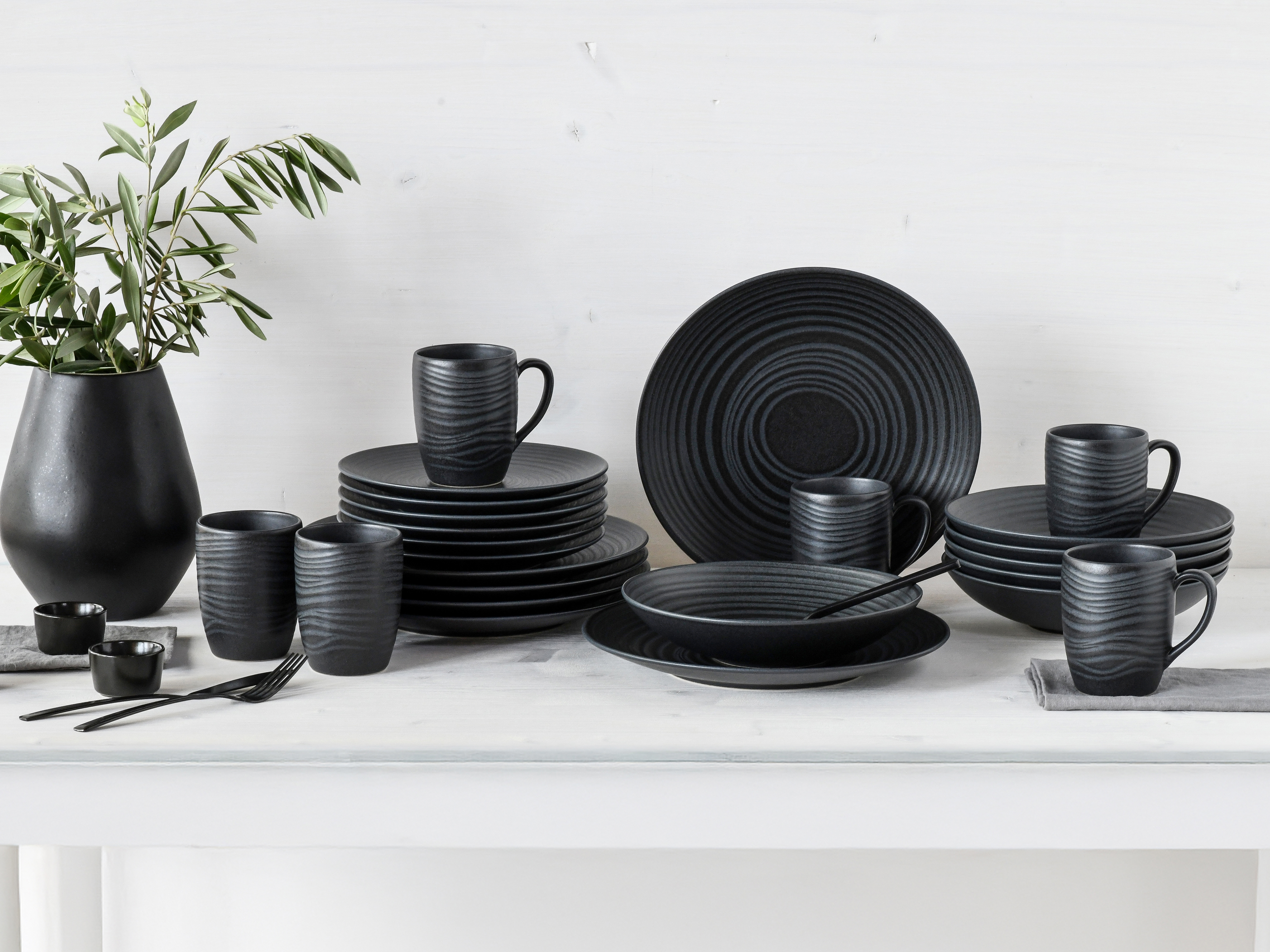 24x Kombiservice Lava Stone Keramik Schwarz