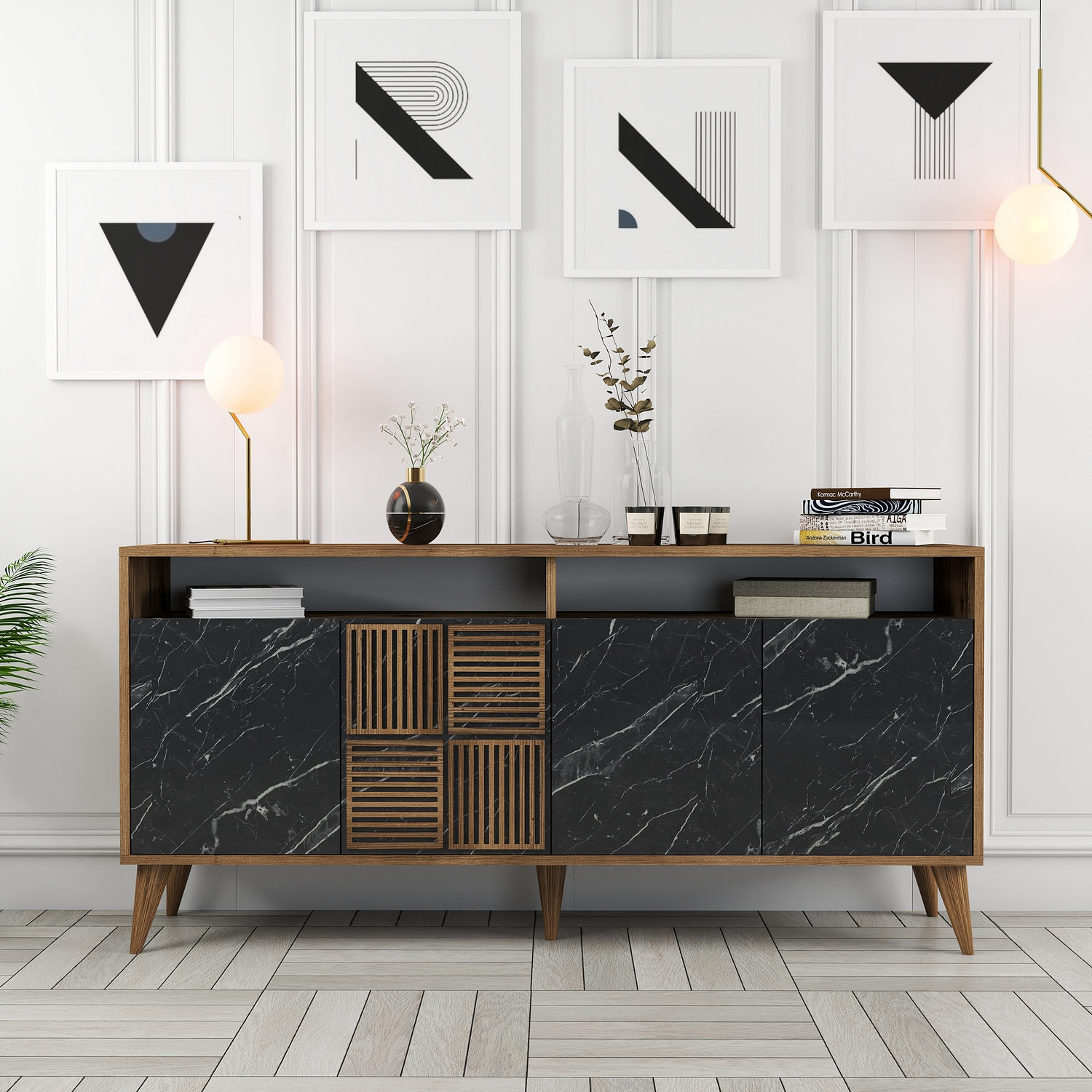 Milan Sideboard Walnussbraun Marmoroptik Schwarz 160cm