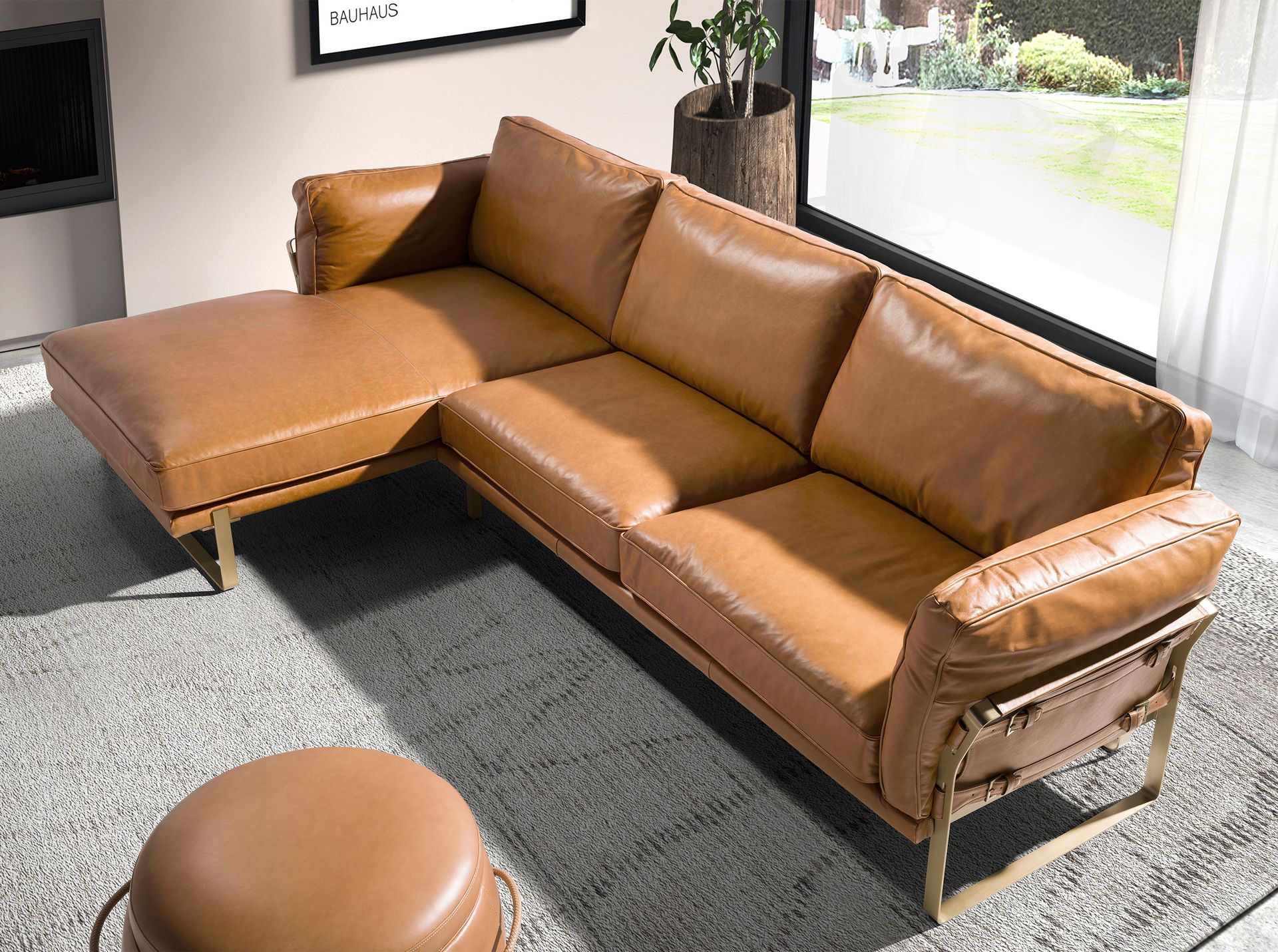 Linkes Récamiere-Sofa in kamelfarbenem Leder 6231