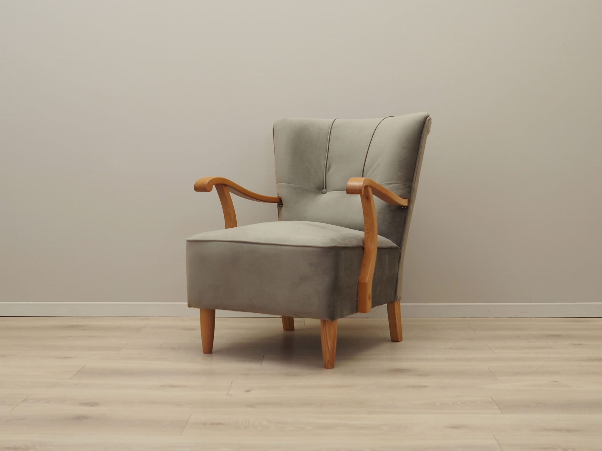 Vintage Sessel Buchenholz Samt Grau 1960er Jahre