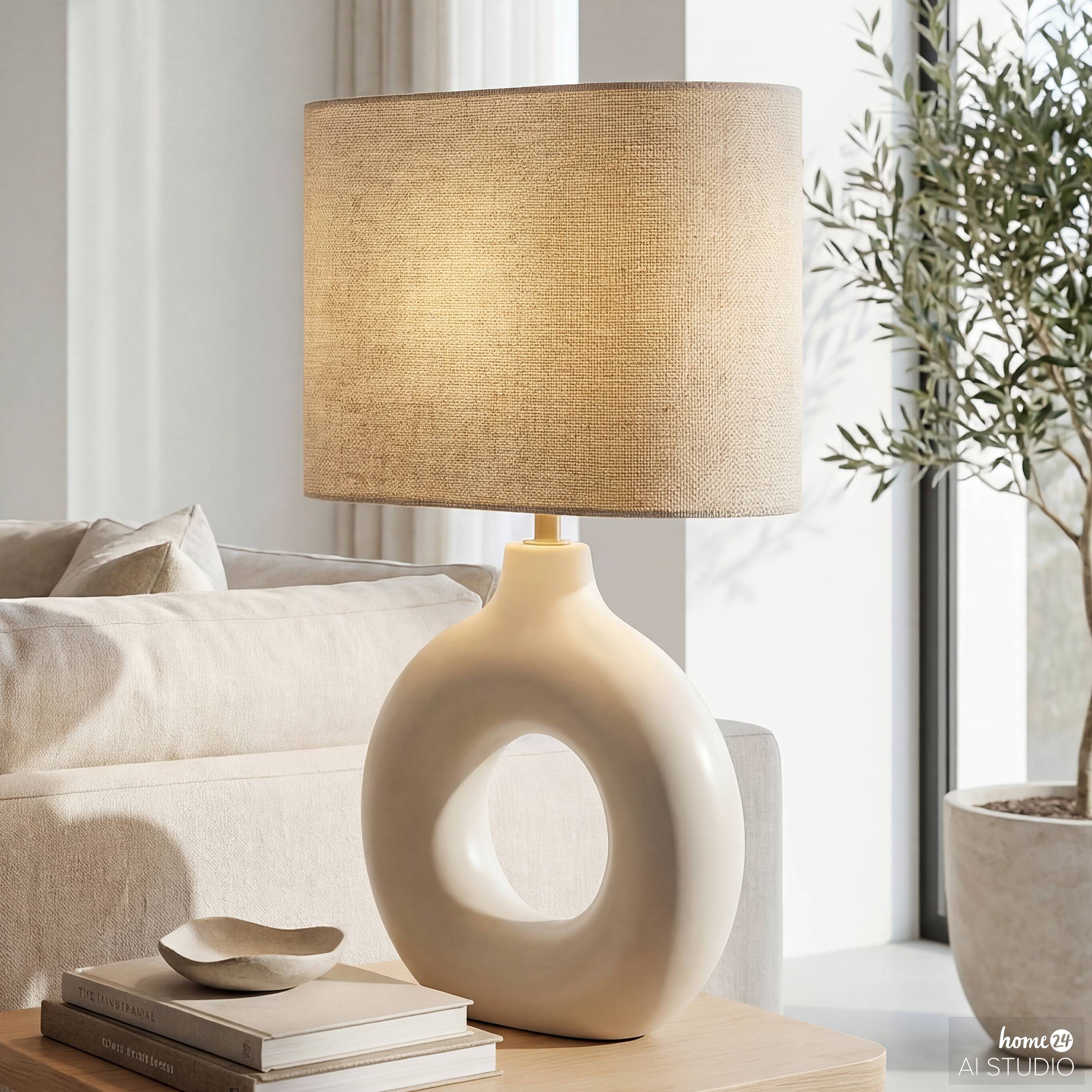 Revon Tischleuchte 1-flammig Leinen Creme