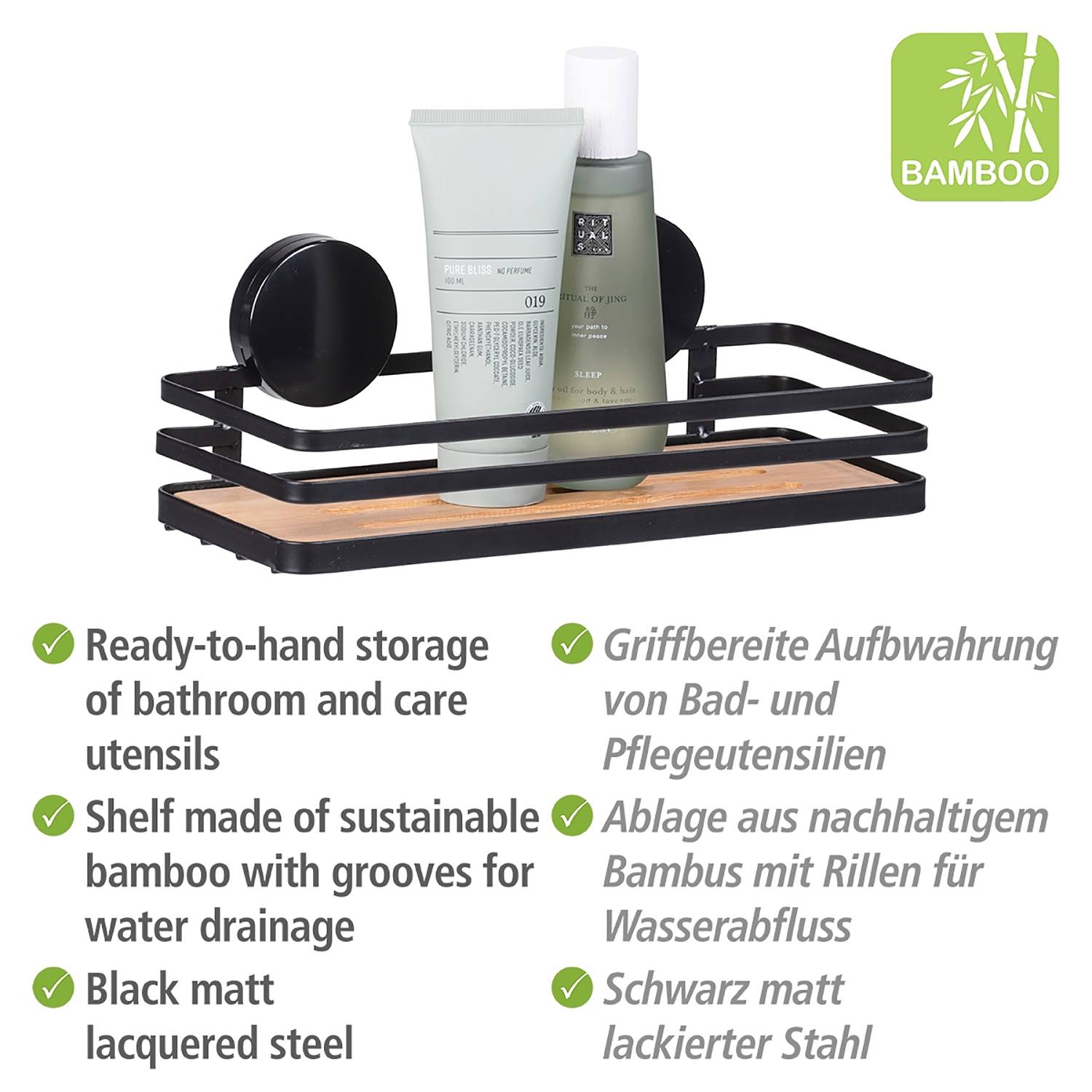 Wandablage Alba Edelstahl Bambus Schwarz