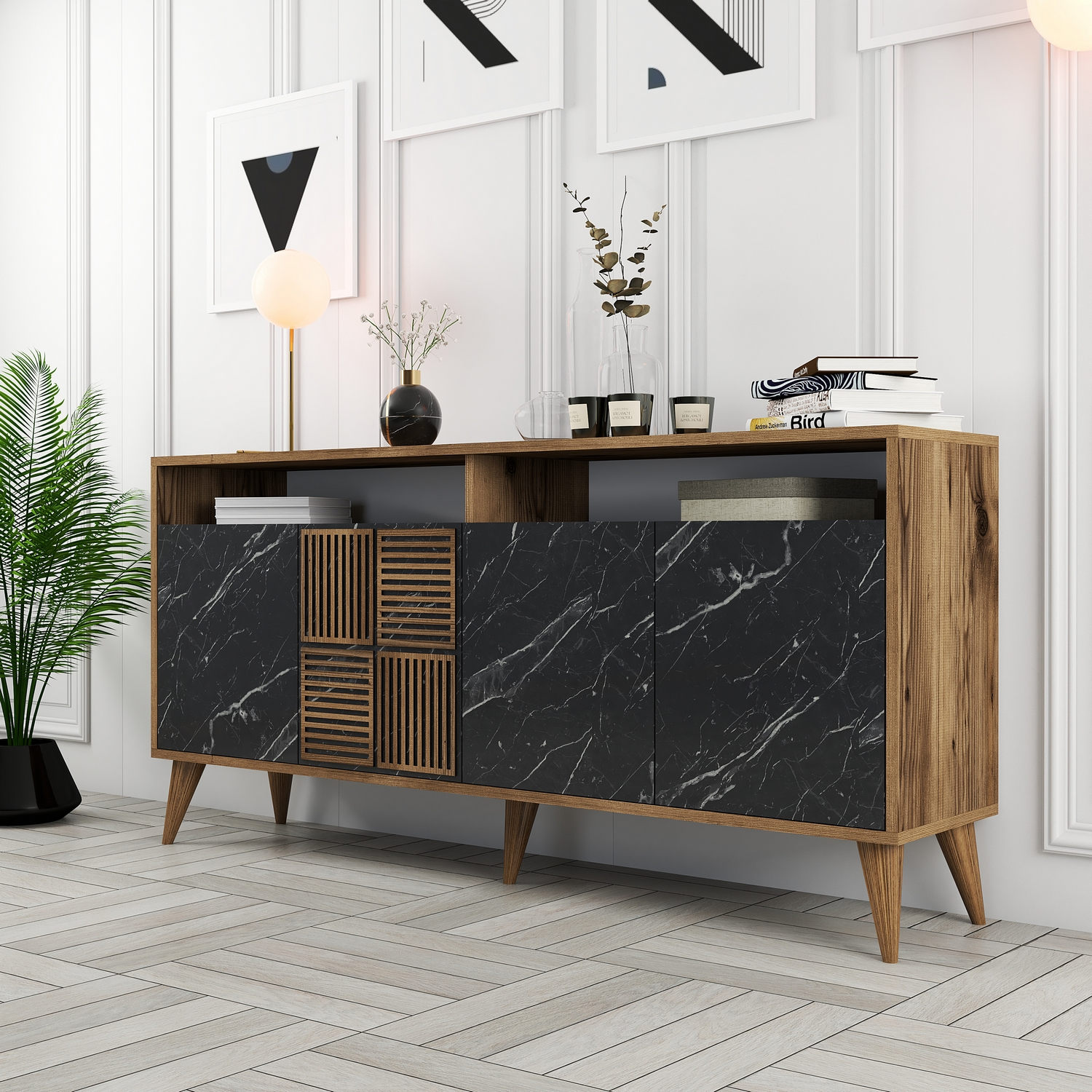 Milan Sideboard Walnussbraun Marmoroptik Schwarz 160cm