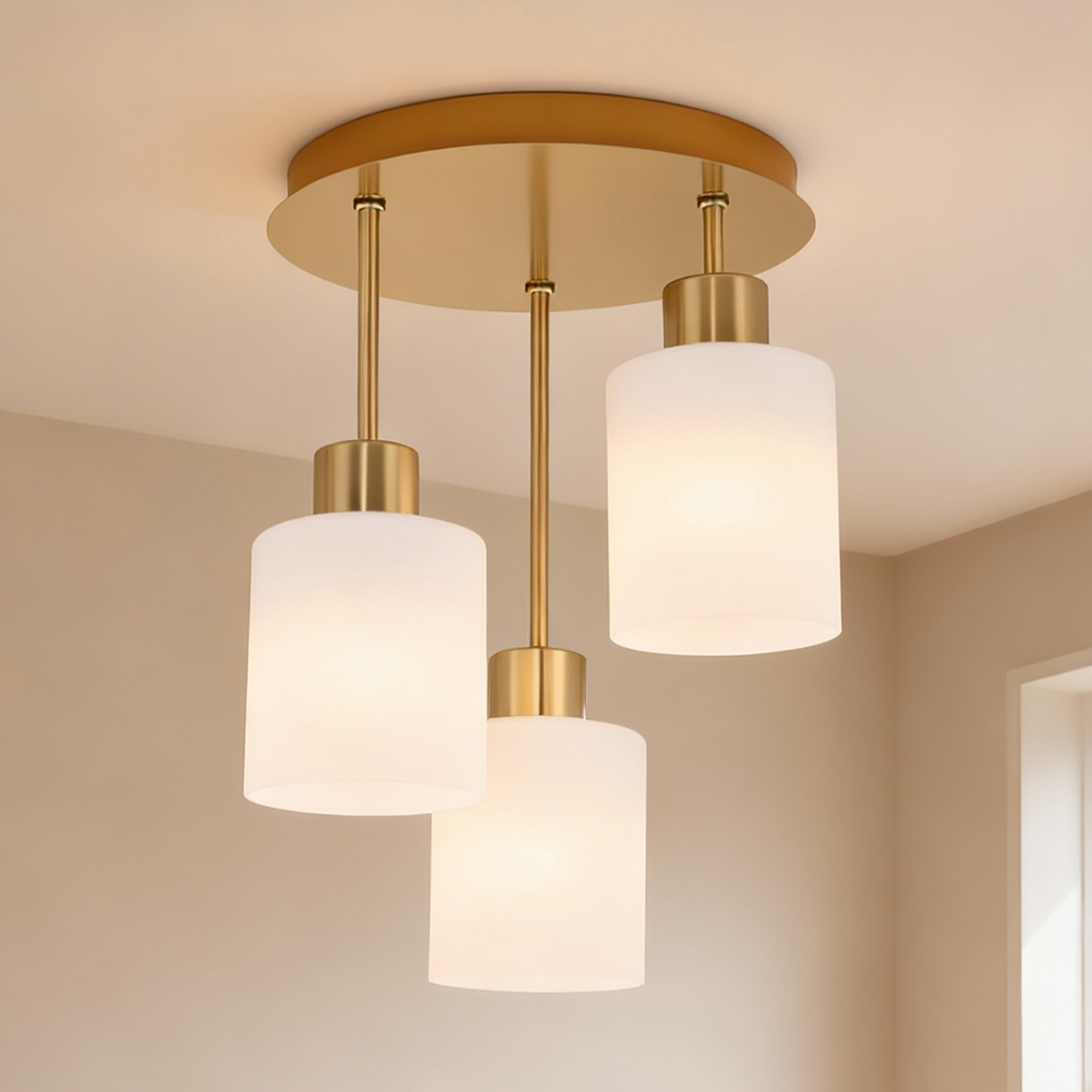 3-Fllammig Polley Pendelleuchte Gusseisen Milchglas Gold