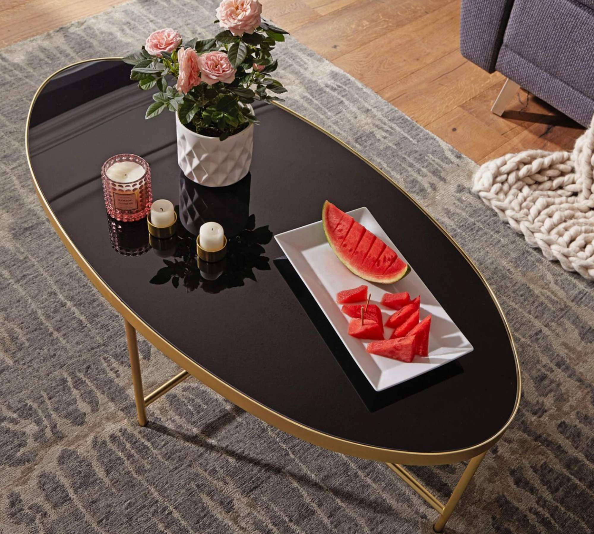 Couchtisch Glas Metall Schwarz Gold