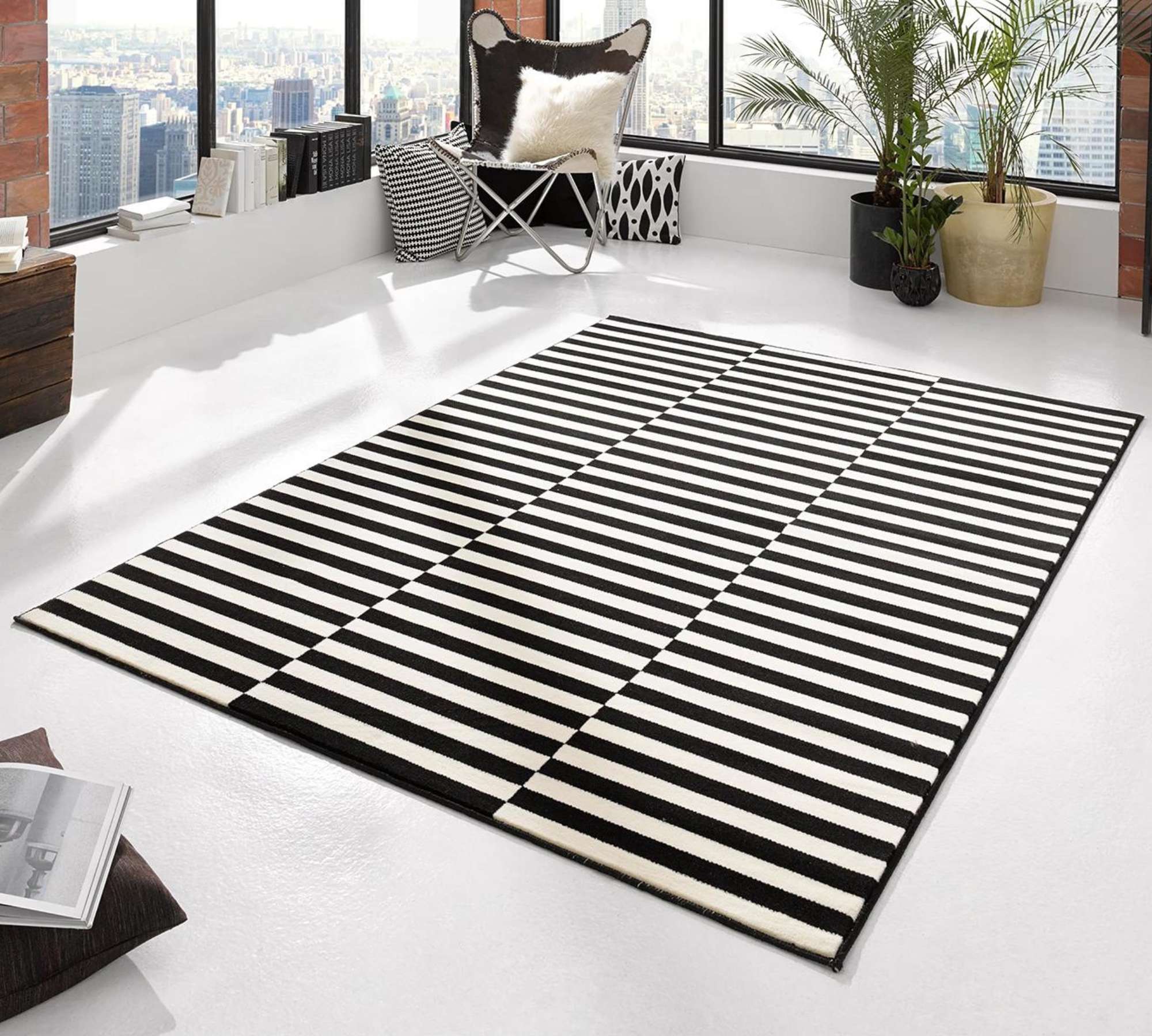 Teppich Textil Schwarz Gestreift