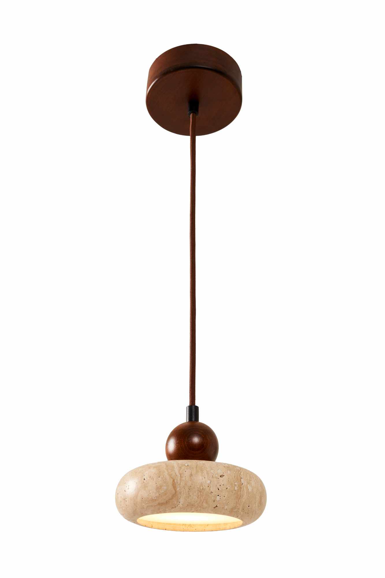 Round Pendant Light Walnut Wood Travertine Brown