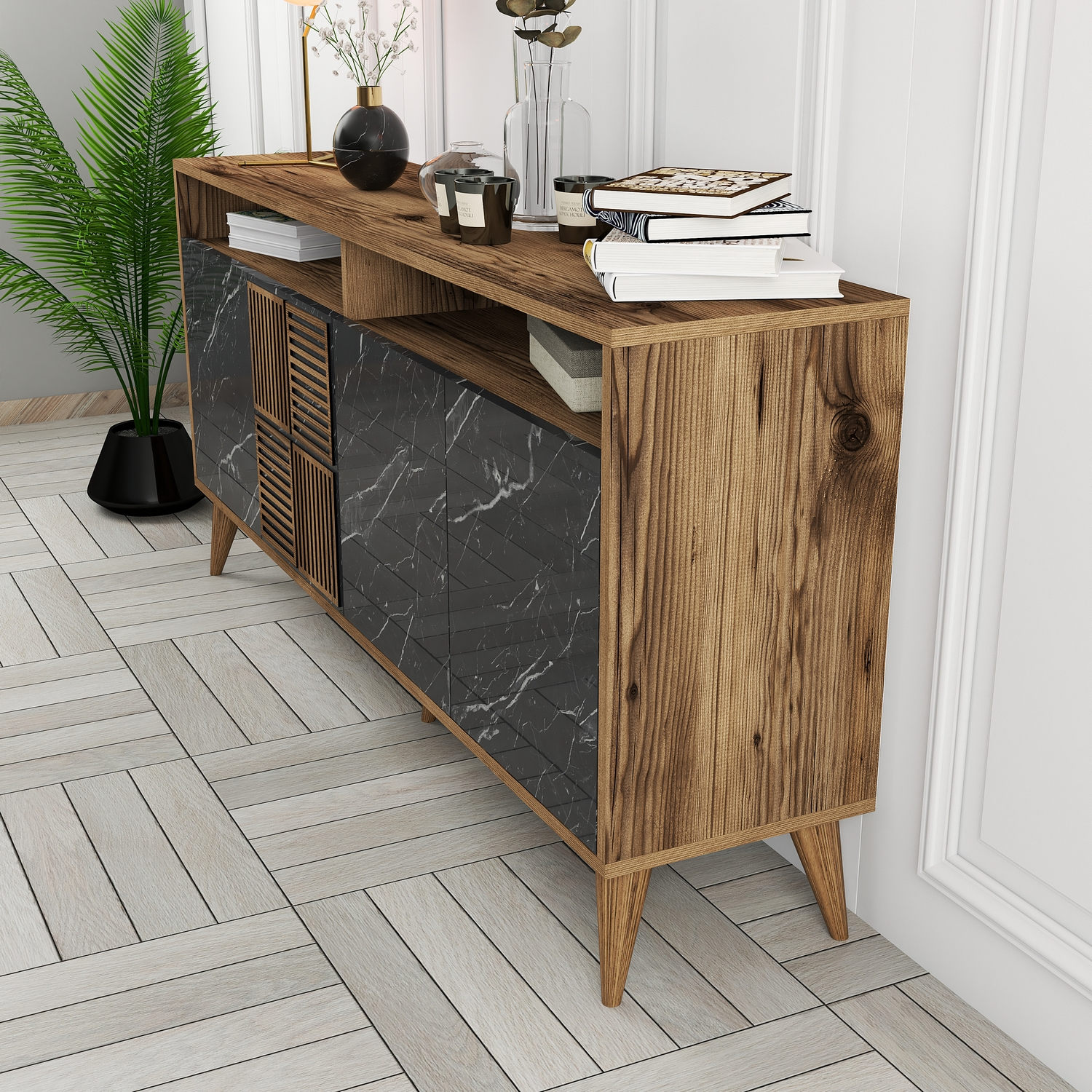 Milan Sideboard Walnussbraun Marmoroptik Schwarz 160cm