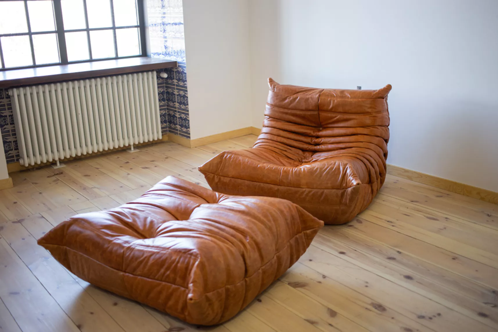 Togo Poltrona e Pouf Set Pelle Pull-Up Marrone Pino