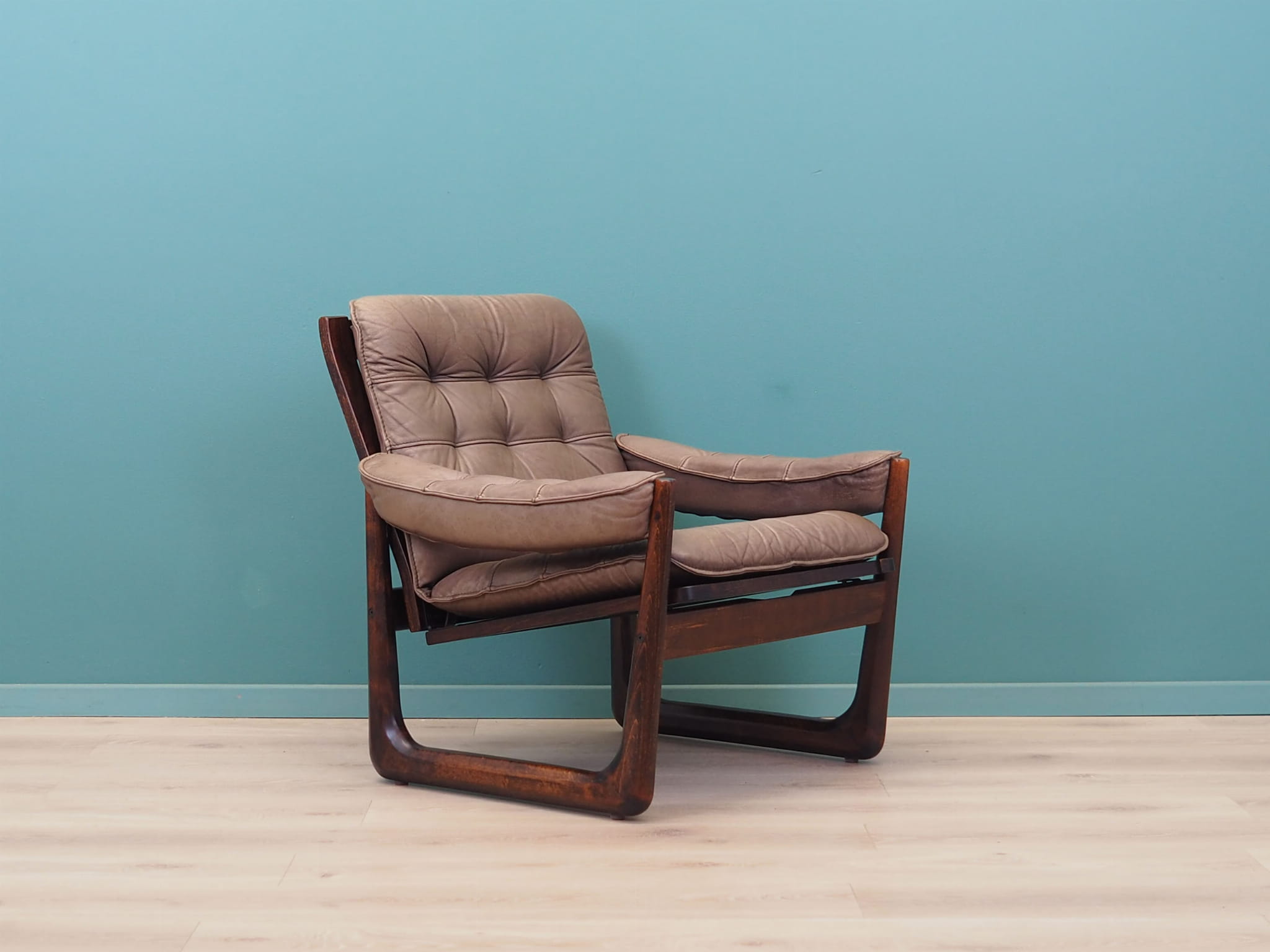 Vintage armchair leather wood brown 1960s