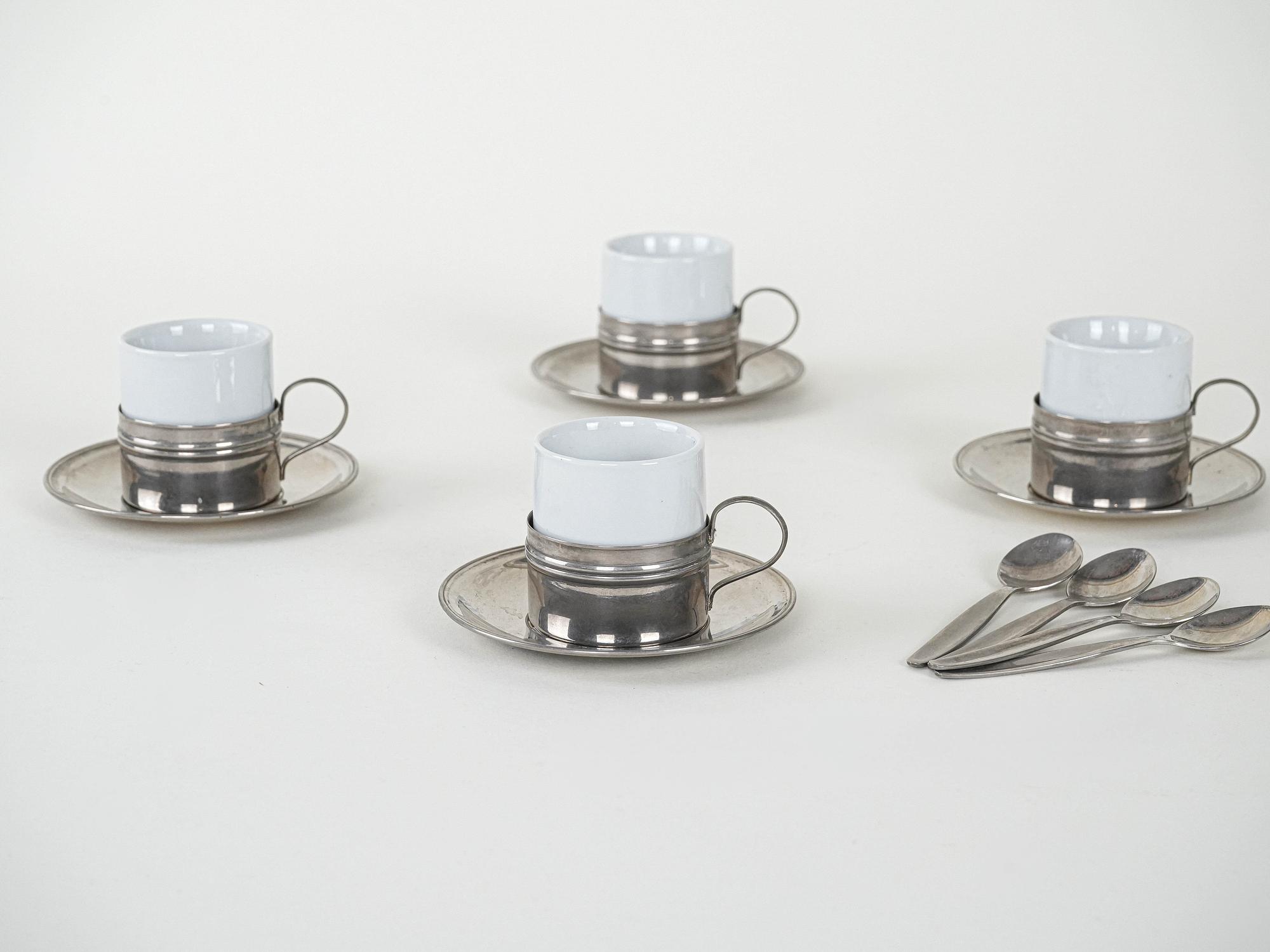Espressotassen-Set Porzellan Silber Weiß 1980er Jahre 3