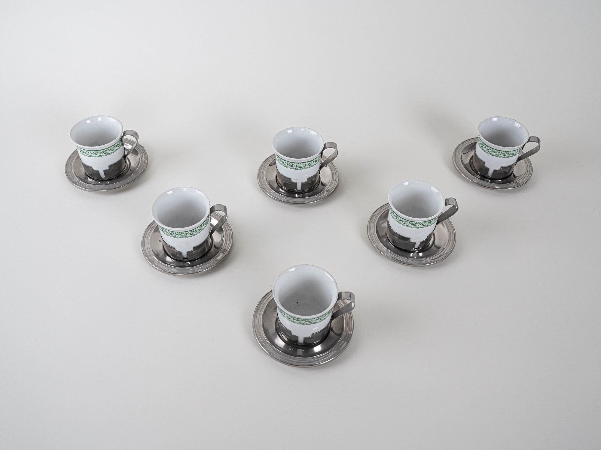 Espressotassen-Set Porzellan Silber Weiß 1980er Jahre 4