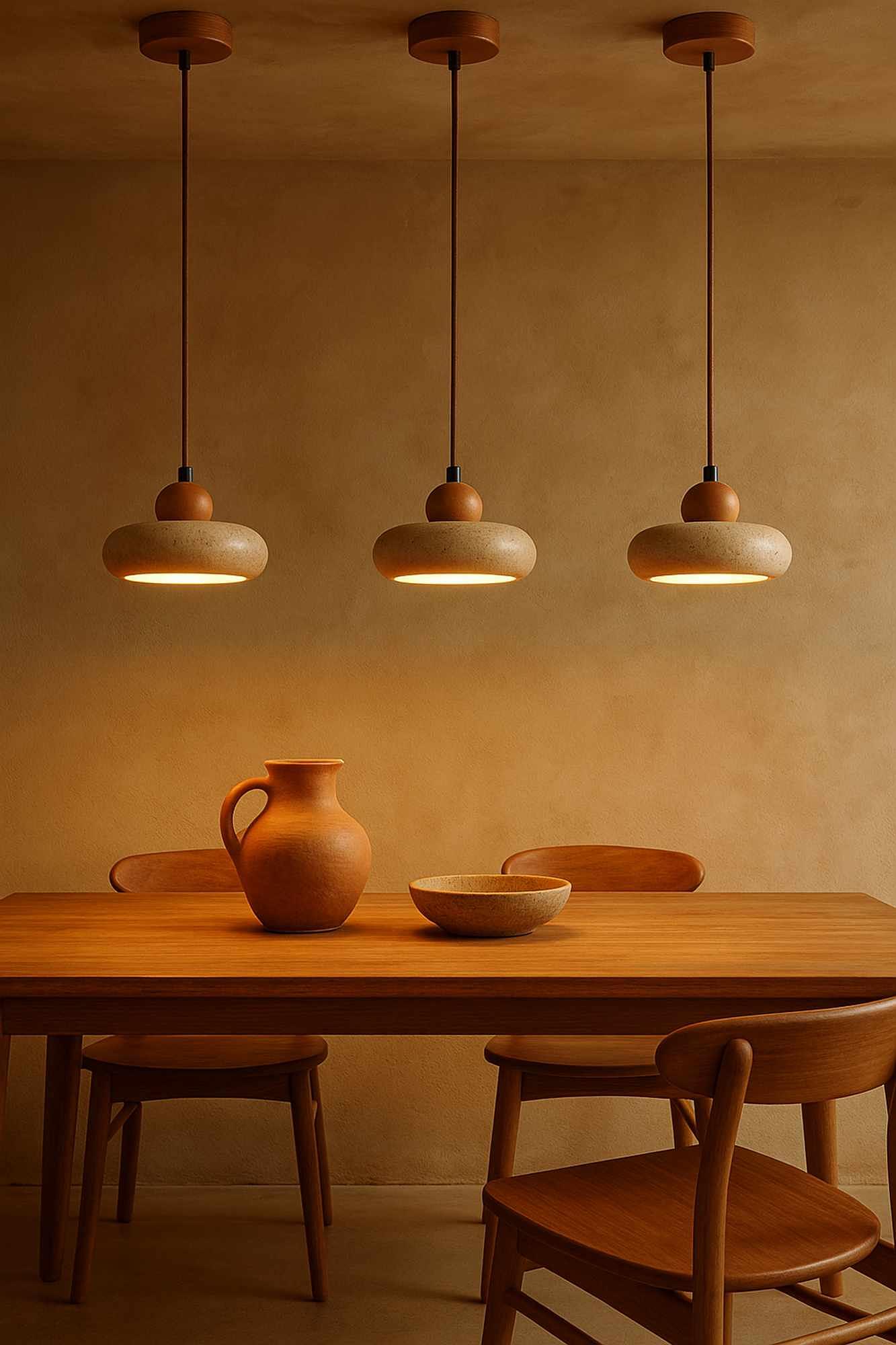 Round Pendelleuchte Eichenholz Travertin Creme 3