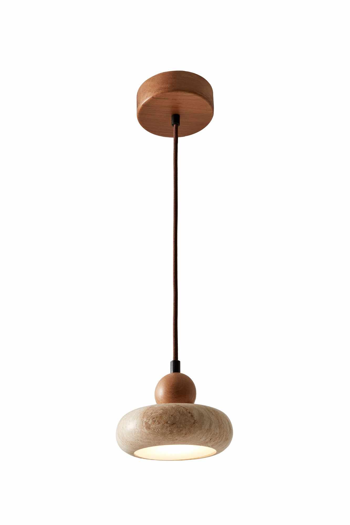 Round Pendant Light Oak Wood Travertine Cream 6