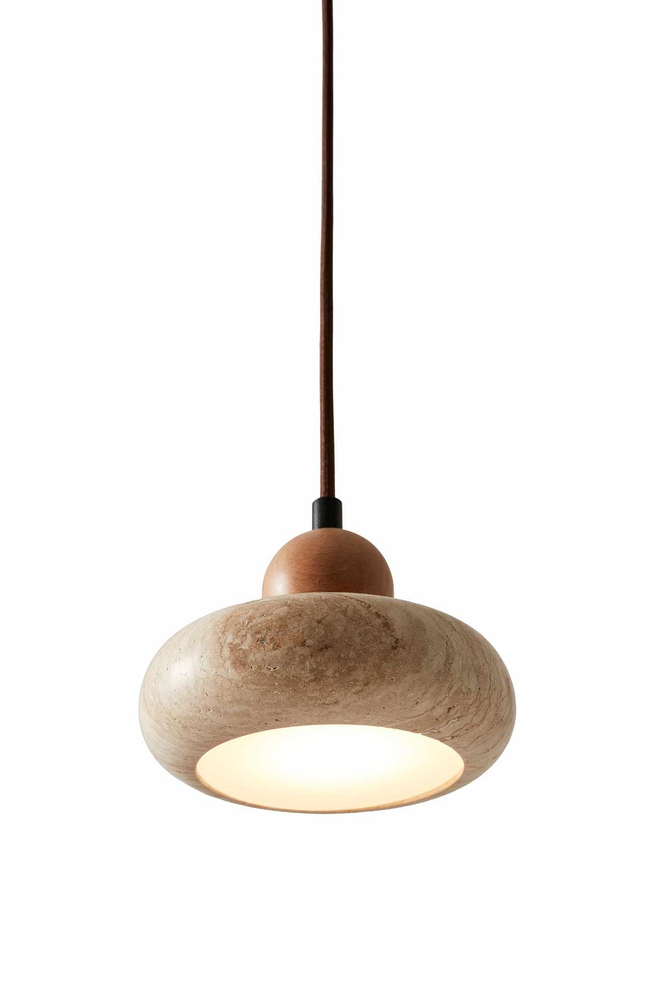 Round Pendant Light Oak Wood Travertine Cream 7