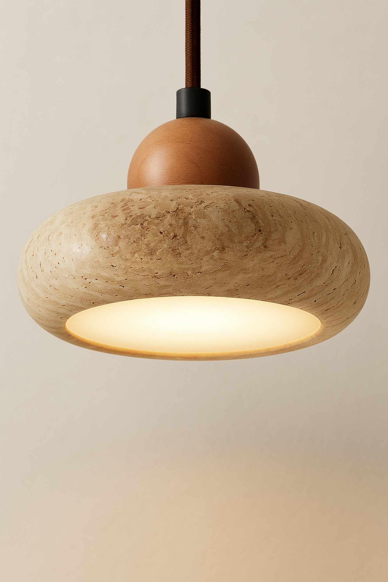 Round Pendant Light Oak Wood Travertine Cream 9