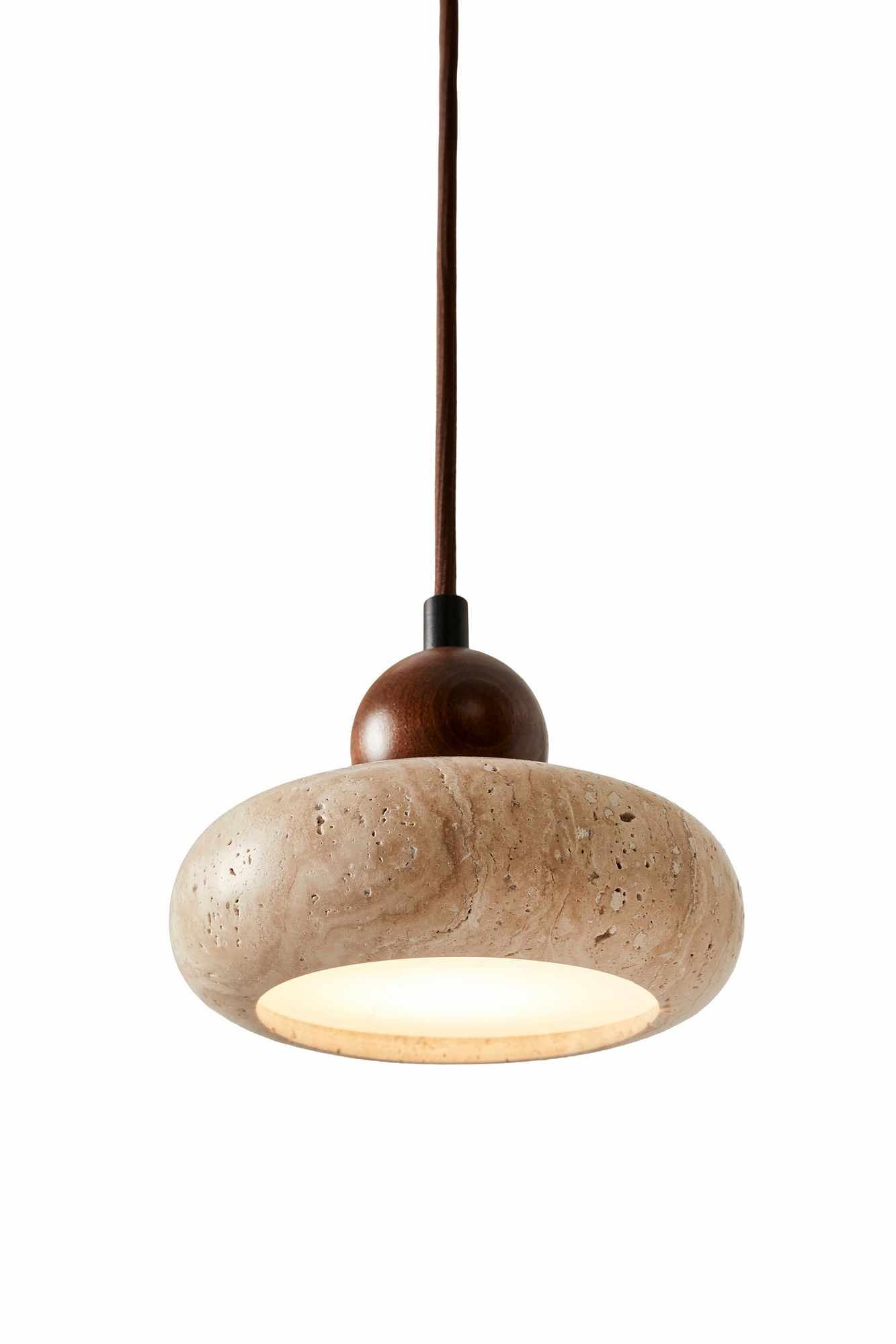 Round Pendelleuchte Walnussholz Travertin Braun 7