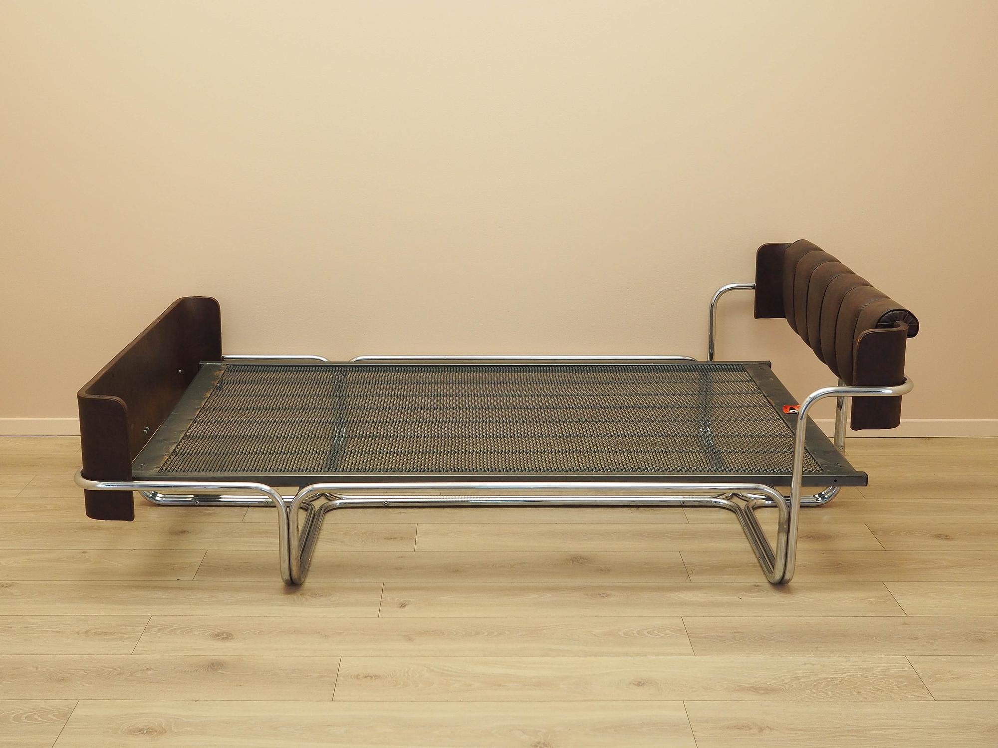 Vintage Bett Metallrahmen Naturleder Braun 1980er Jahre 5