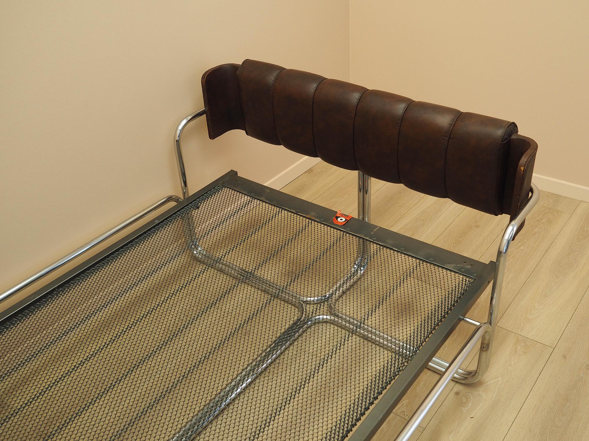 Vintage Bett Metallrahmen Naturleder Braun 1980er Jahre 7