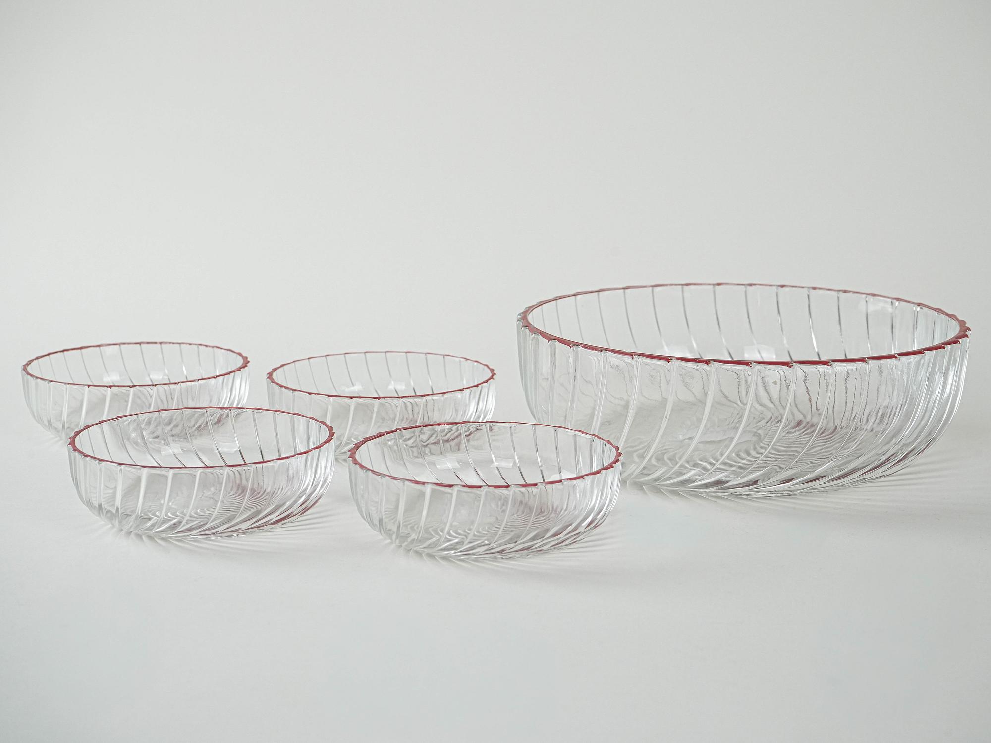 Glass bowls set 5-piece Transparent Red 1970s 5
