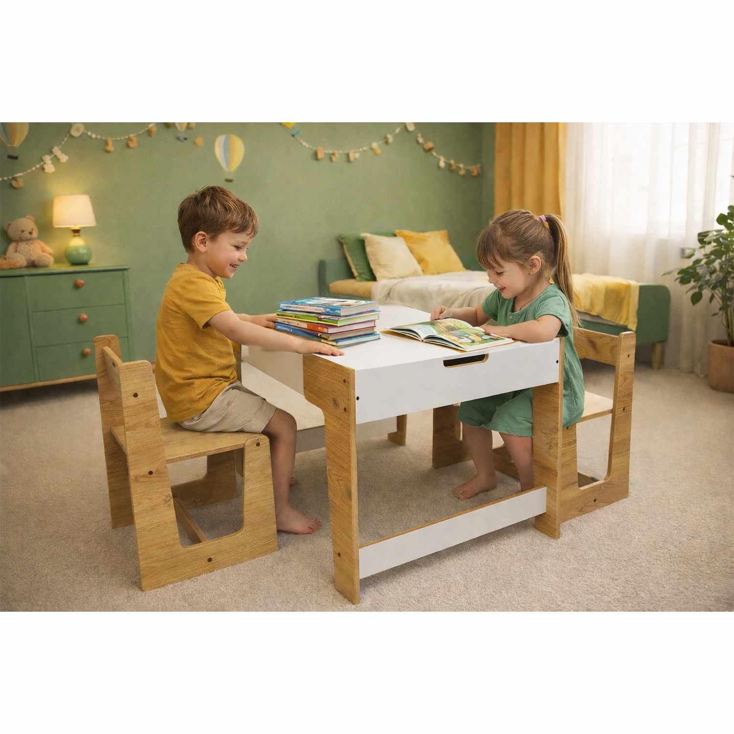 Phoenix 2 Channel Children's Table Set of 3 MDF White Natural 1