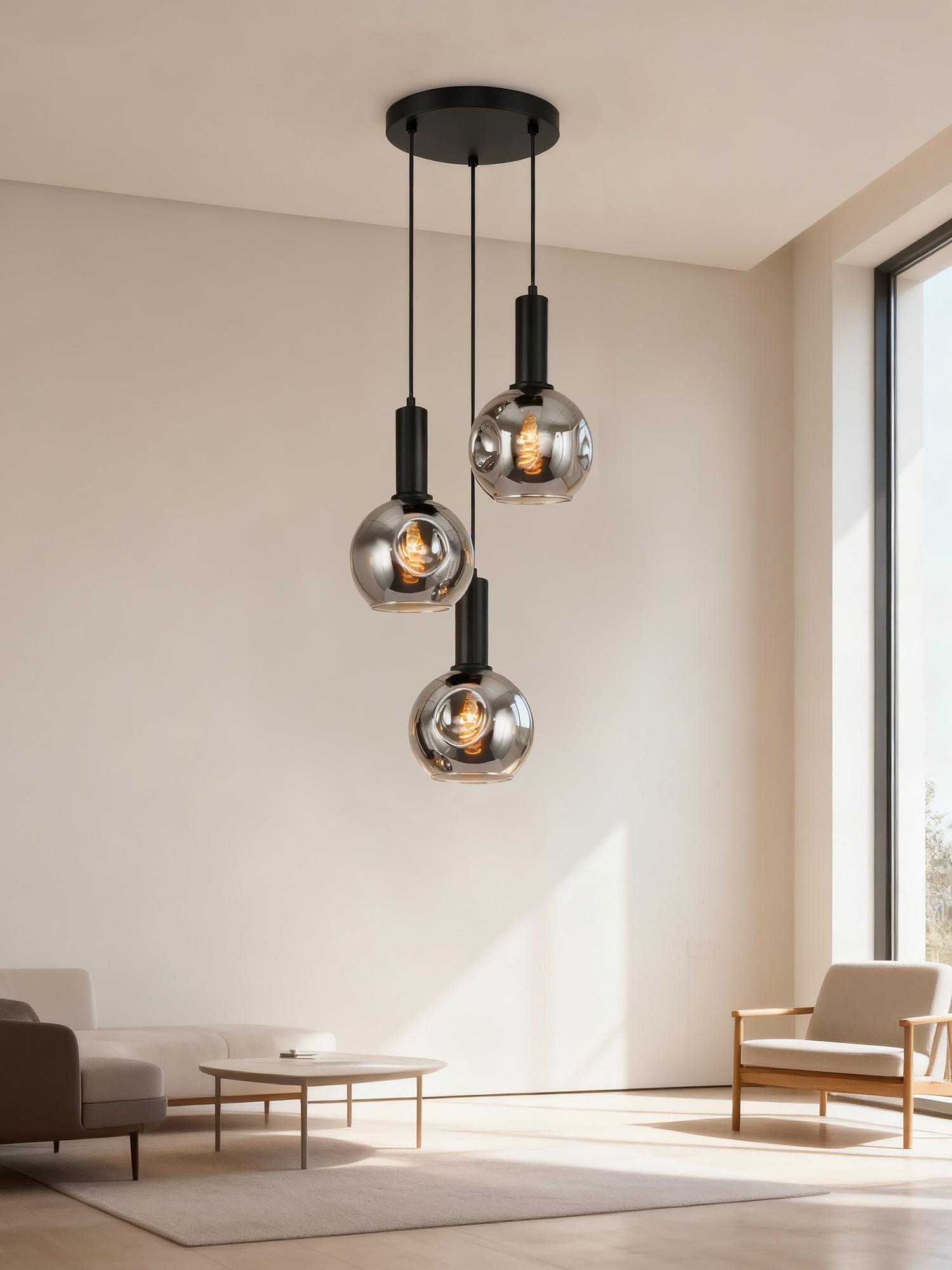 Ardeno Round Pendant Light 3-Light Smoked Glass Black 2