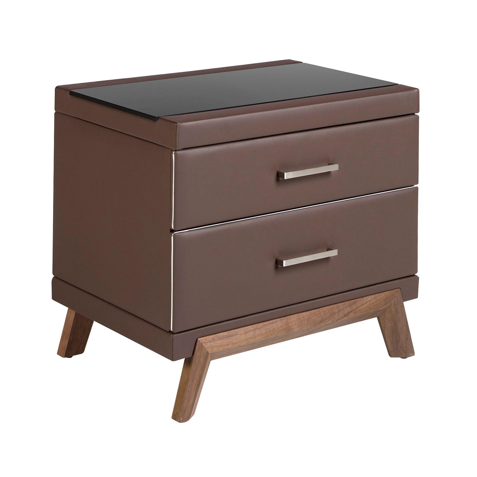 Nightstand Faux Leather Walnut with black glass top 7162 0