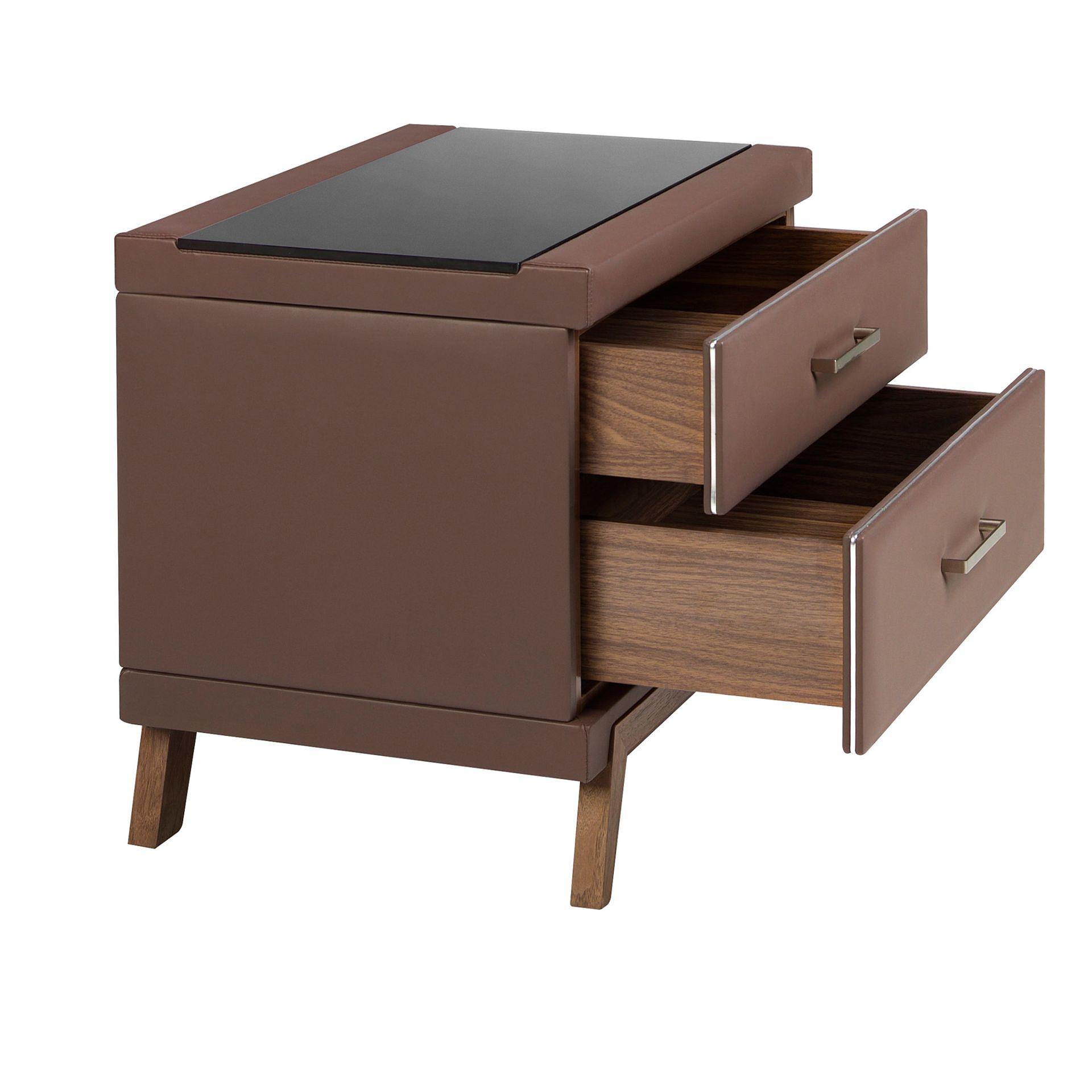 Nightstand Faux Leather Walnut with black glass top 7162 6
