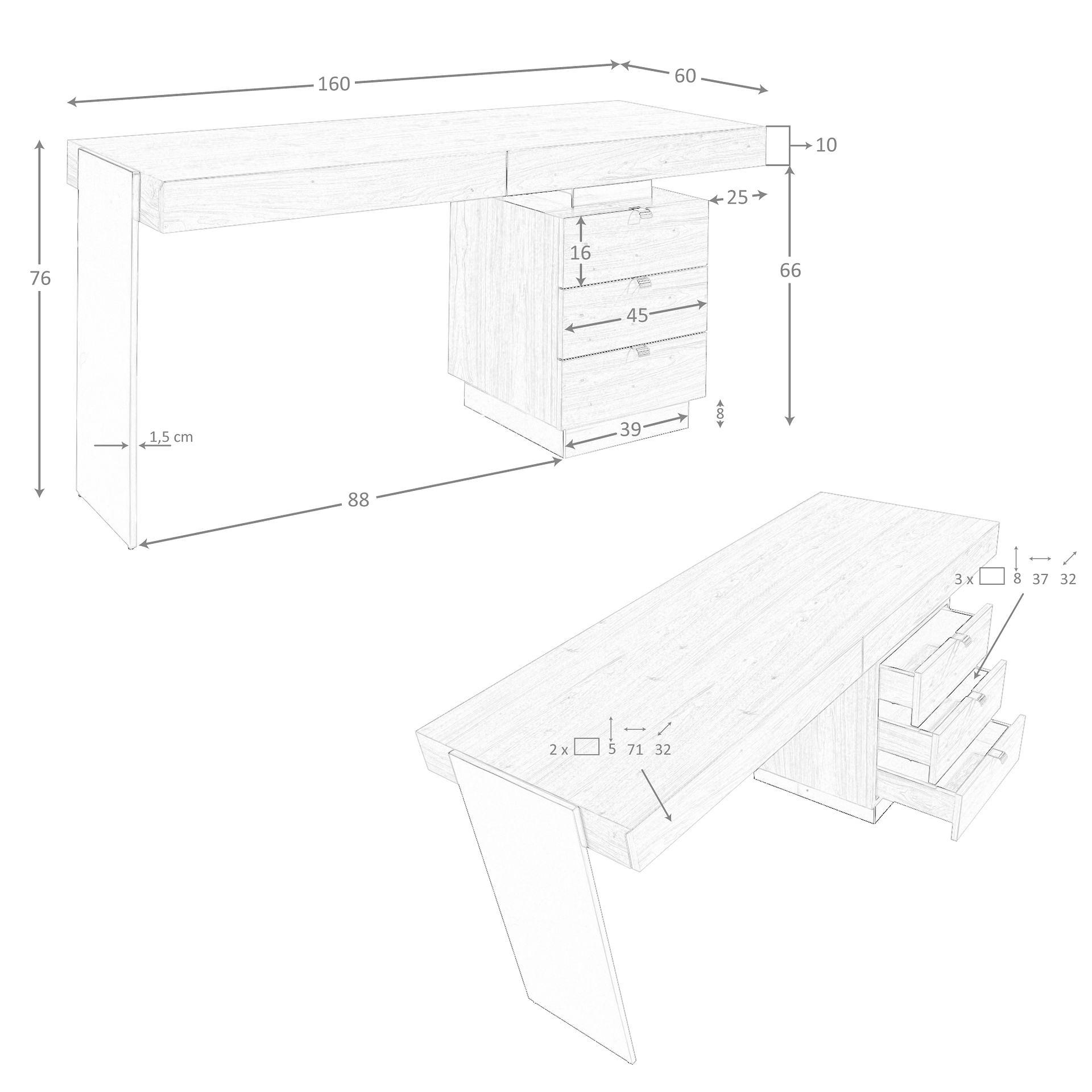 Desk Walnut Steel Polished Darkened 3237 8