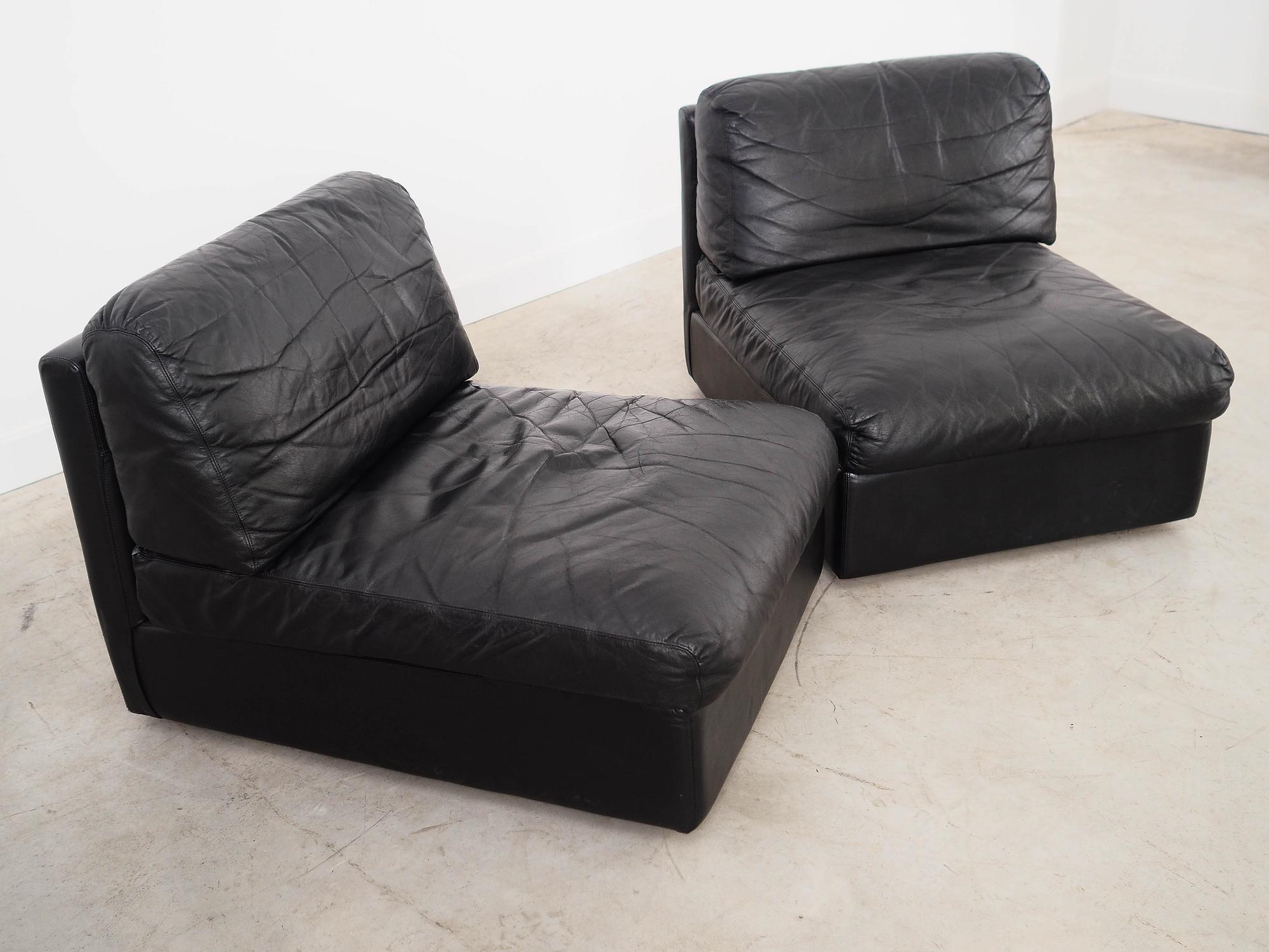 Modular Sofa 2 Pieces Black Leather 1970s 3