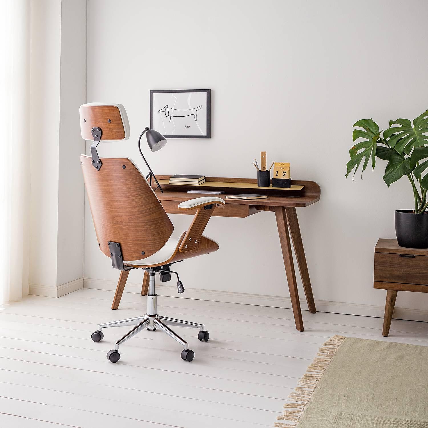 Viiki Office Swivel Chair Faux Leather Steel White Walnut 3