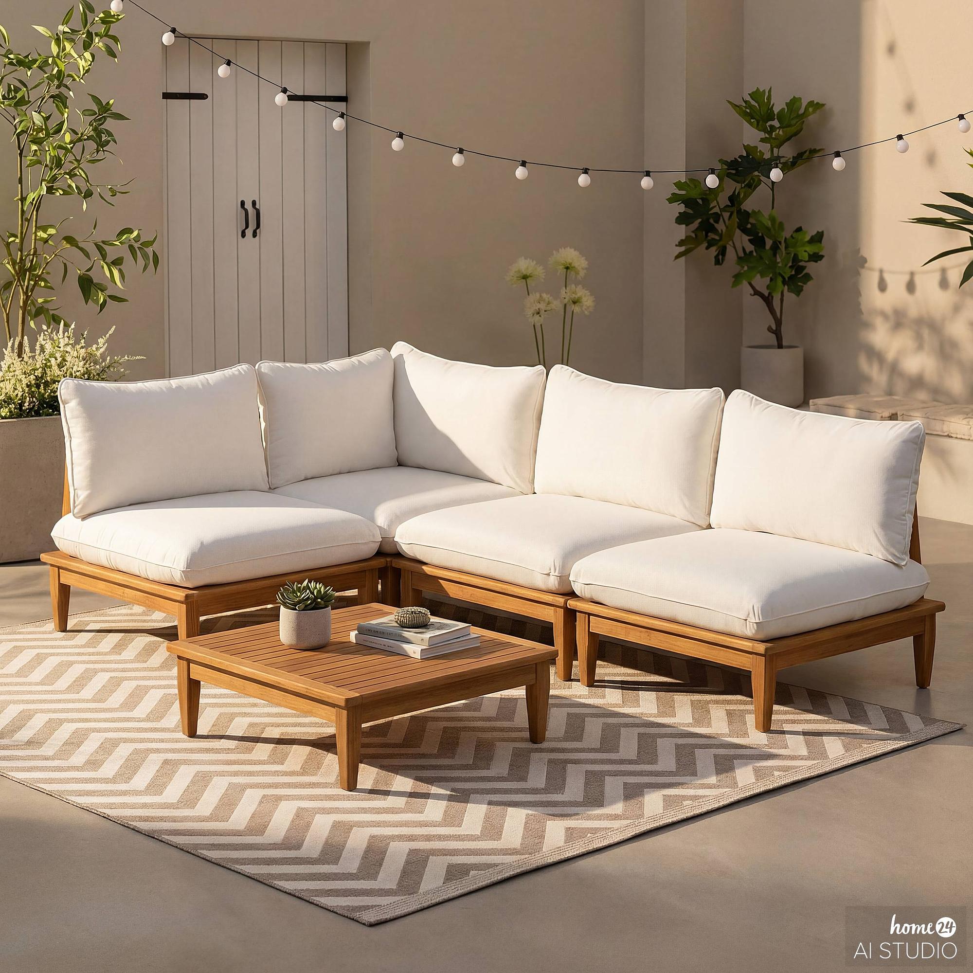 Livaro Modular Lounge Chair Solid Acacia Woven Fabric Brown Cream 2