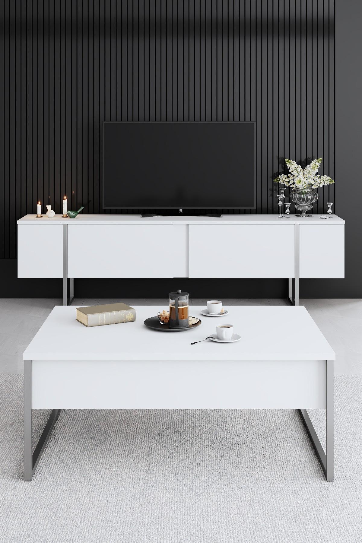 Luxe TV-Schrank Holzfurnier Weiß Silber 2