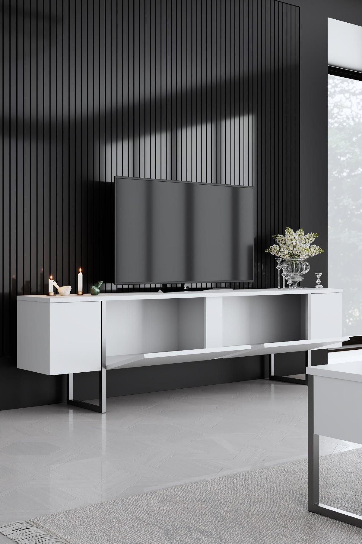 Luxury TV cabinet wood veneer white silver 4