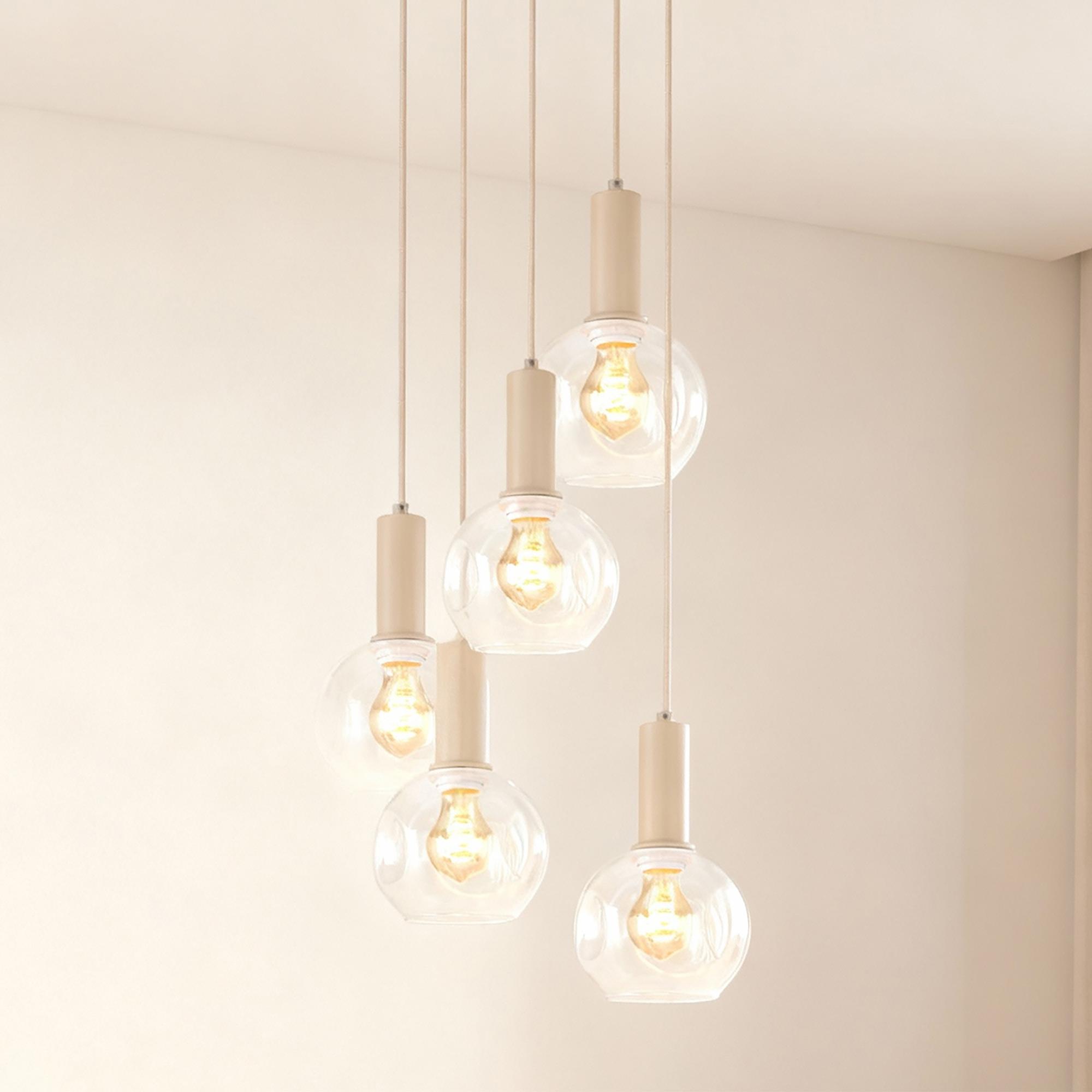 Bilman Round Pendant Light 5-bulb Cast Iron Clear Glass Beige 0