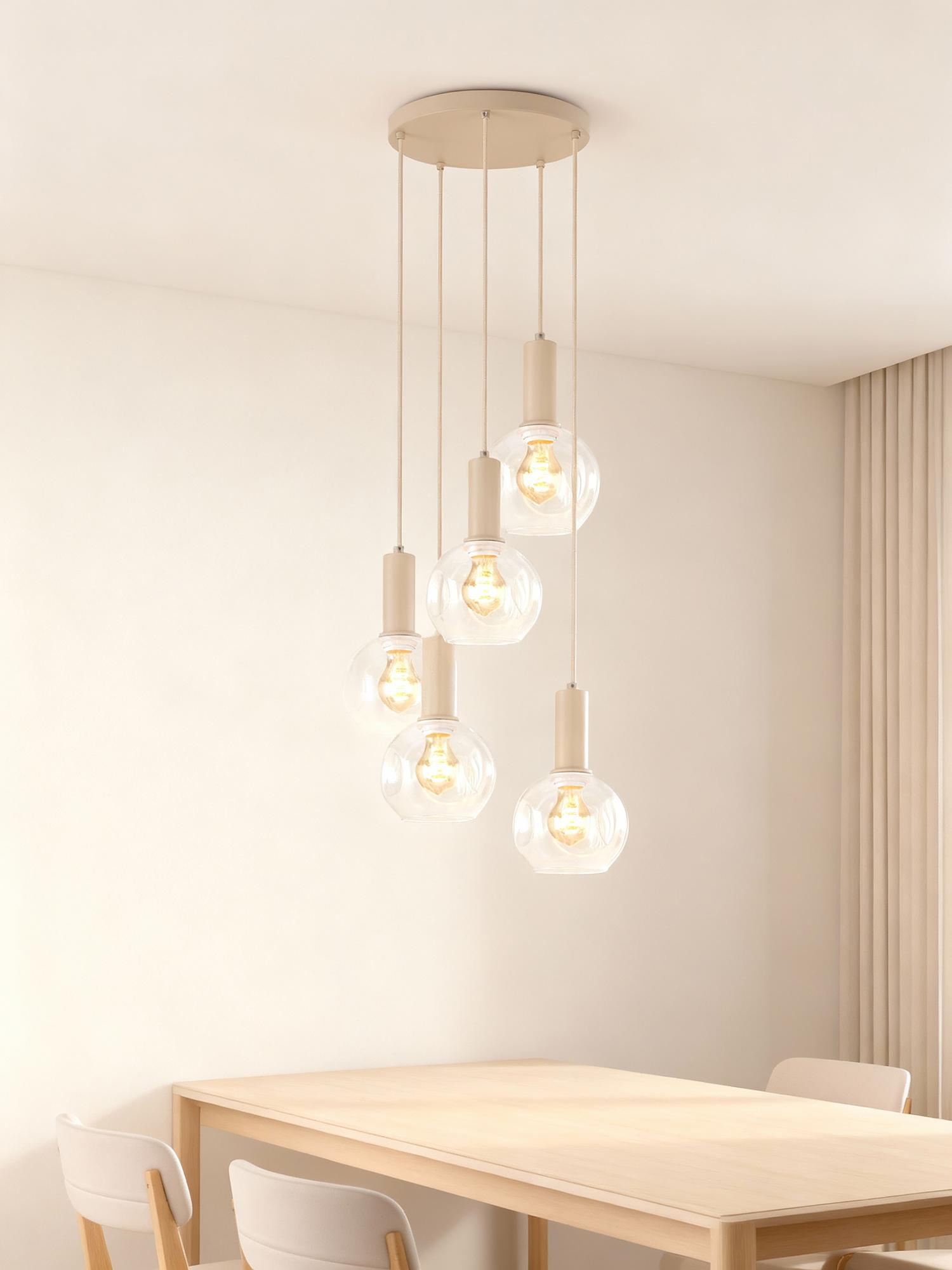Bilman Round Pendant Light 5-bulb Cast Iron Clear Glass Beige 2