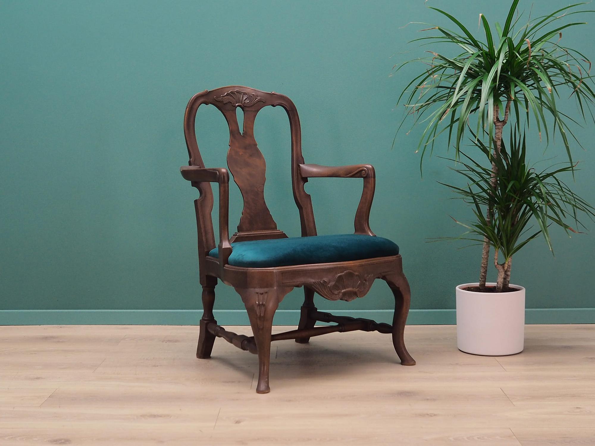 2x Vintage Stuhl & Bank Holz Samt Blau 1970er Jahre 14