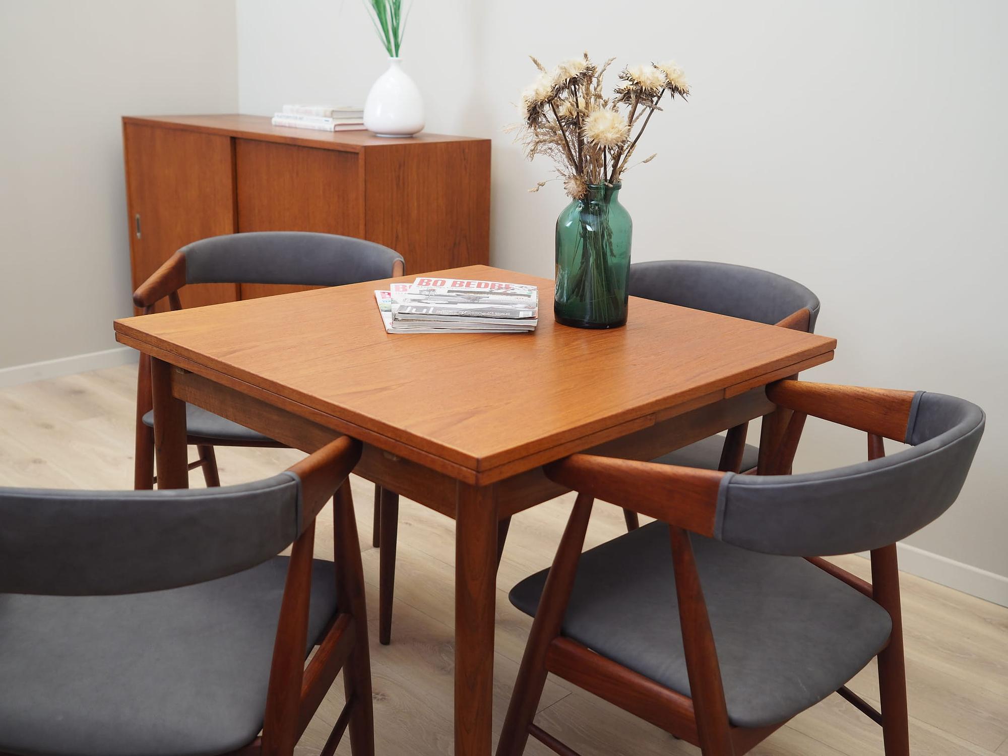 4x Vintage Chair Teak Wood Leather Gray 1960s 13