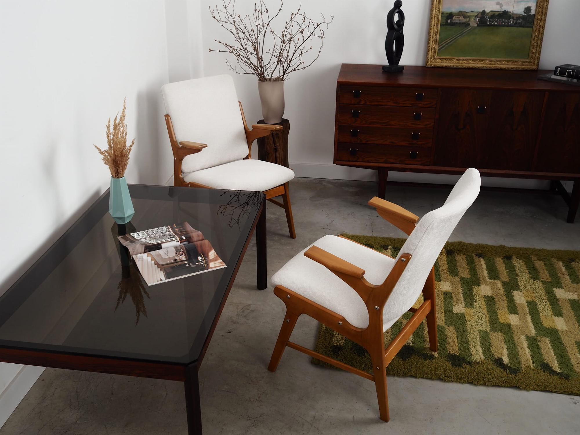 Vintage Sessel Buchenholz Textil Weiß 1960er Jahre 12