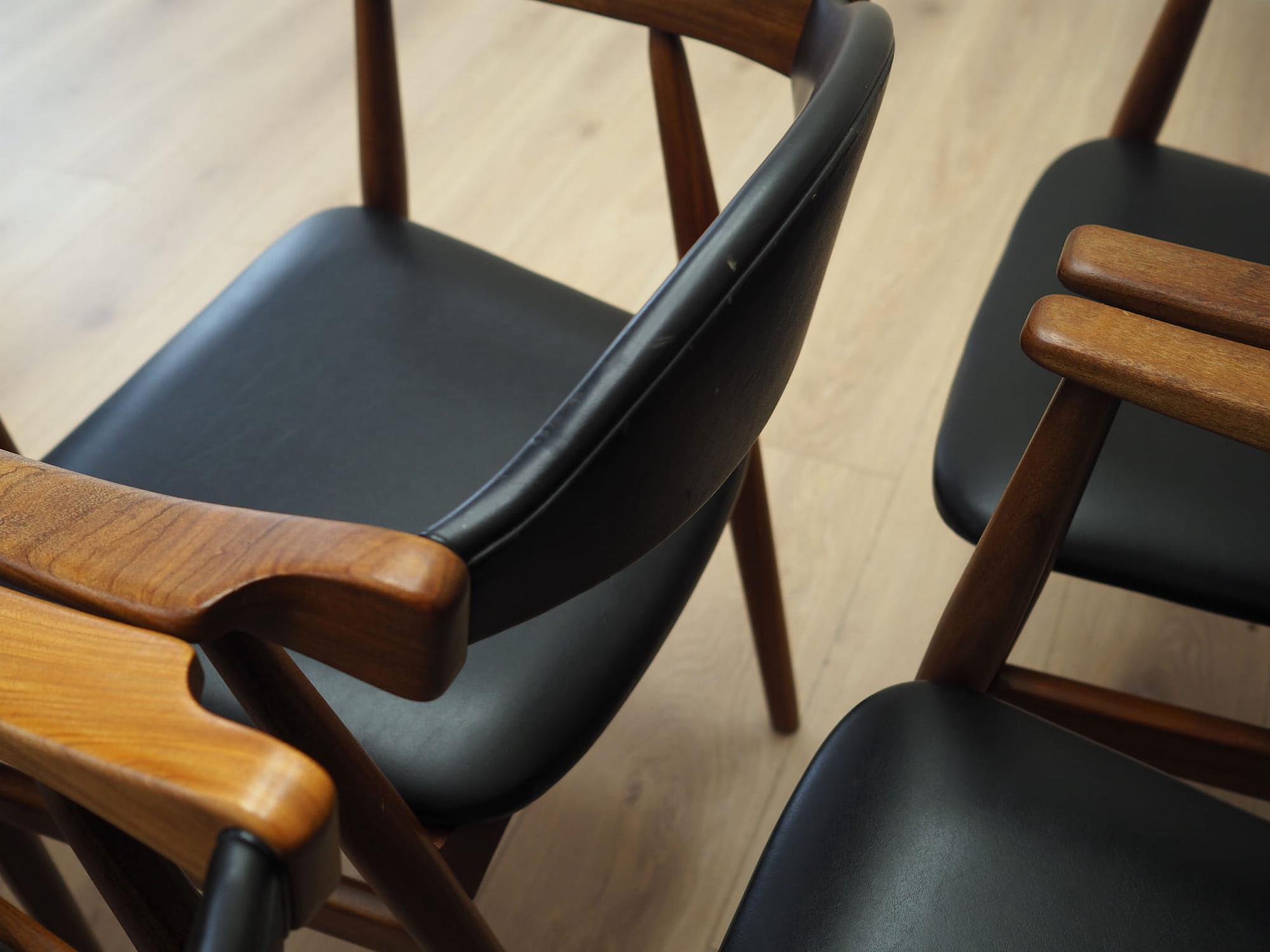 6x Chair Teak Wood Leather Black 1970s 11