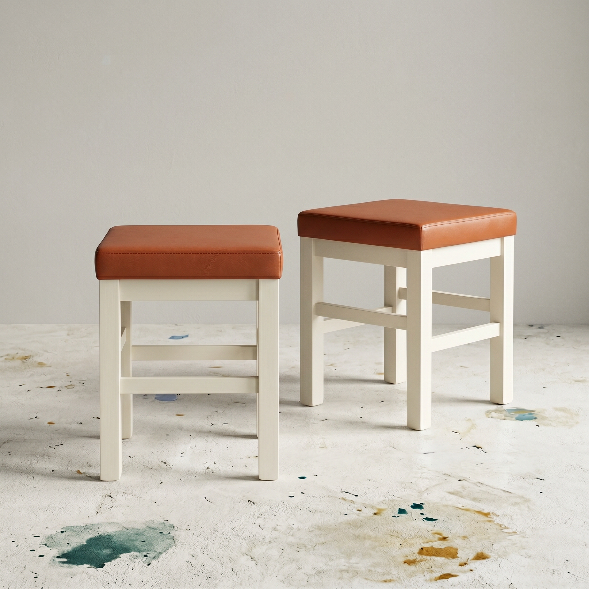 2x Square Stool Wood Faux Leather White 3