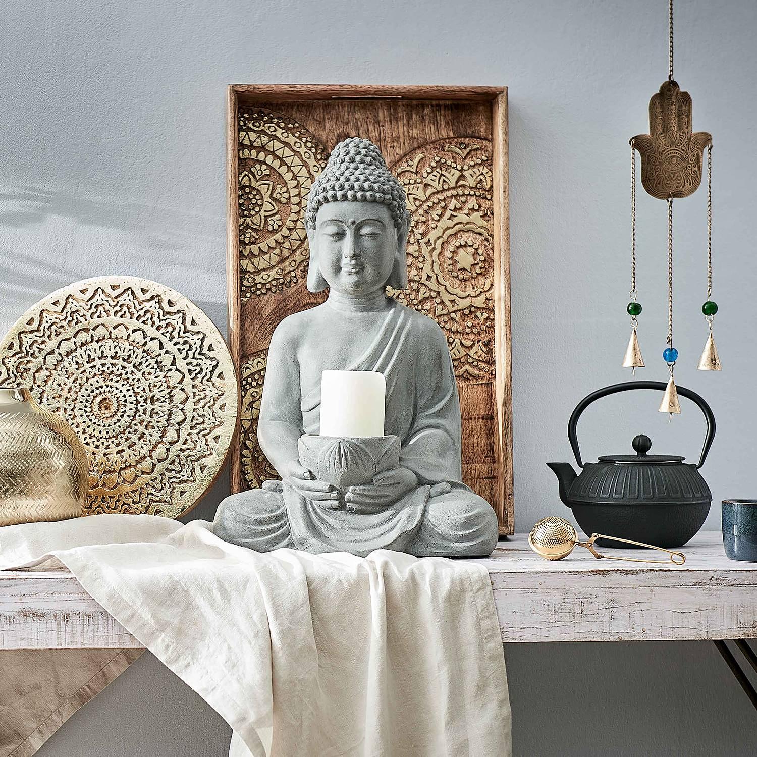 Kerzenhalter BUDDHA Kaolinit / Steinpulver Grau Höhe: 46 cm 2