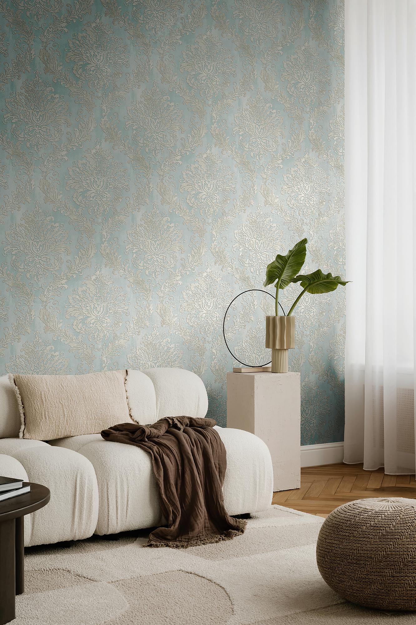 Vliestapete Hoa Luxus Ornamente Vlies Taubenblau / Creme 2