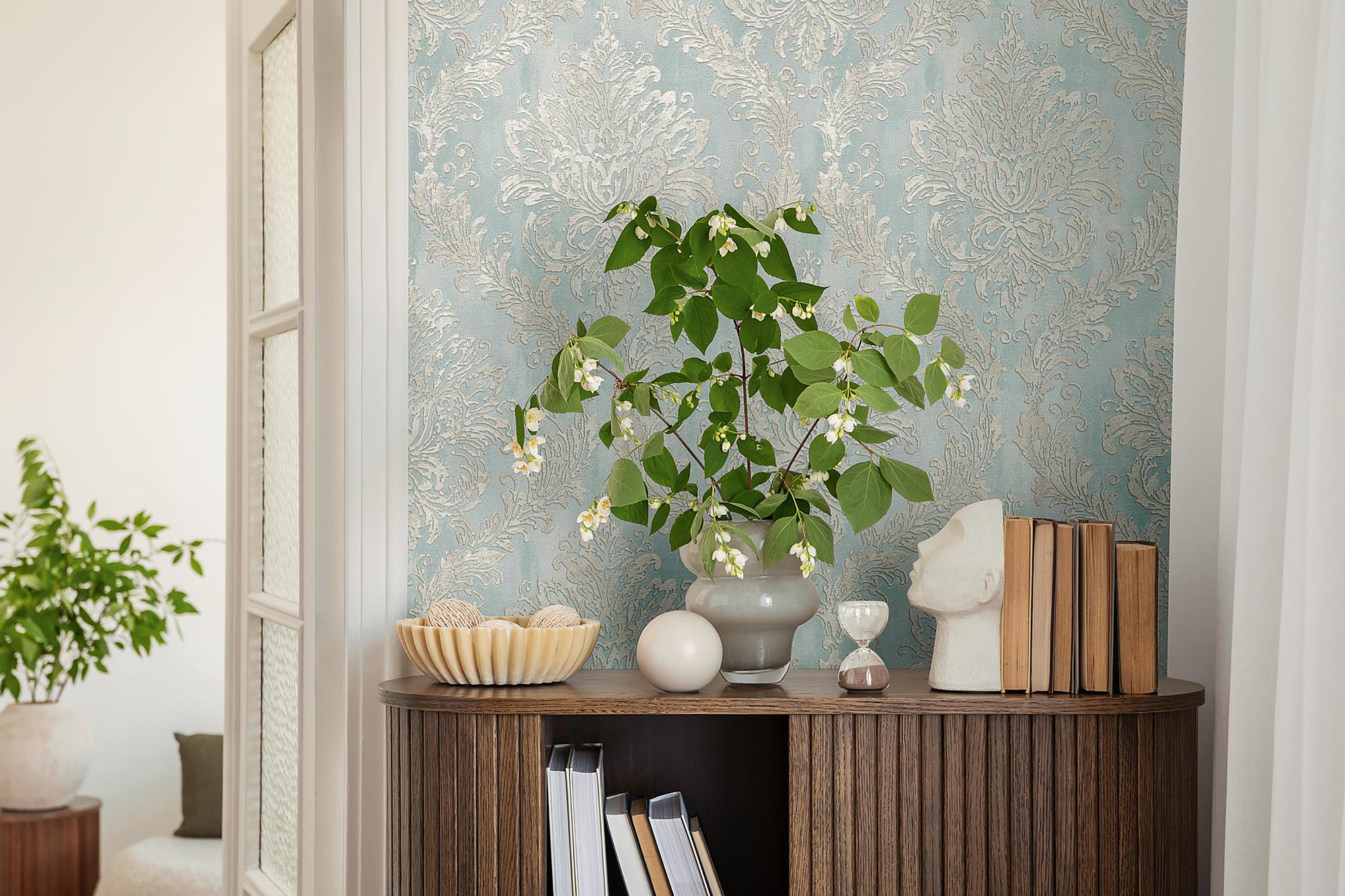Vliestapete Hoa Luxus Ornamente Vlies Taubenblau / Creme 3