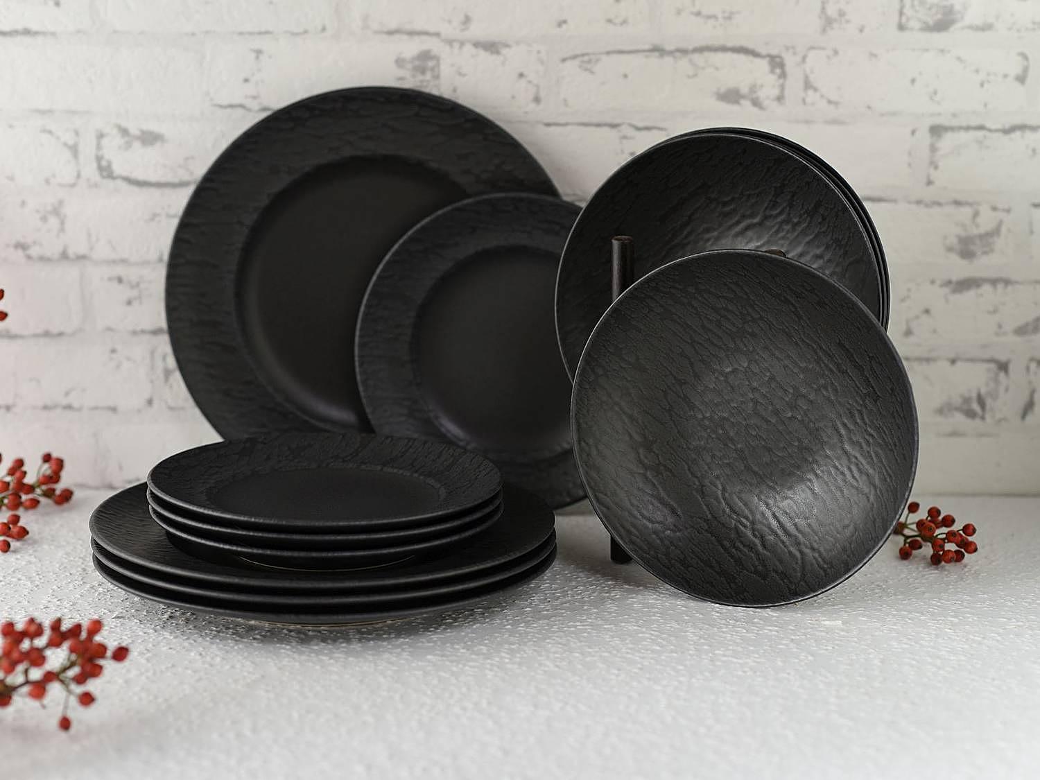 Tafelservice Schiefer Steinzeug Schwarz 12-teilig 3