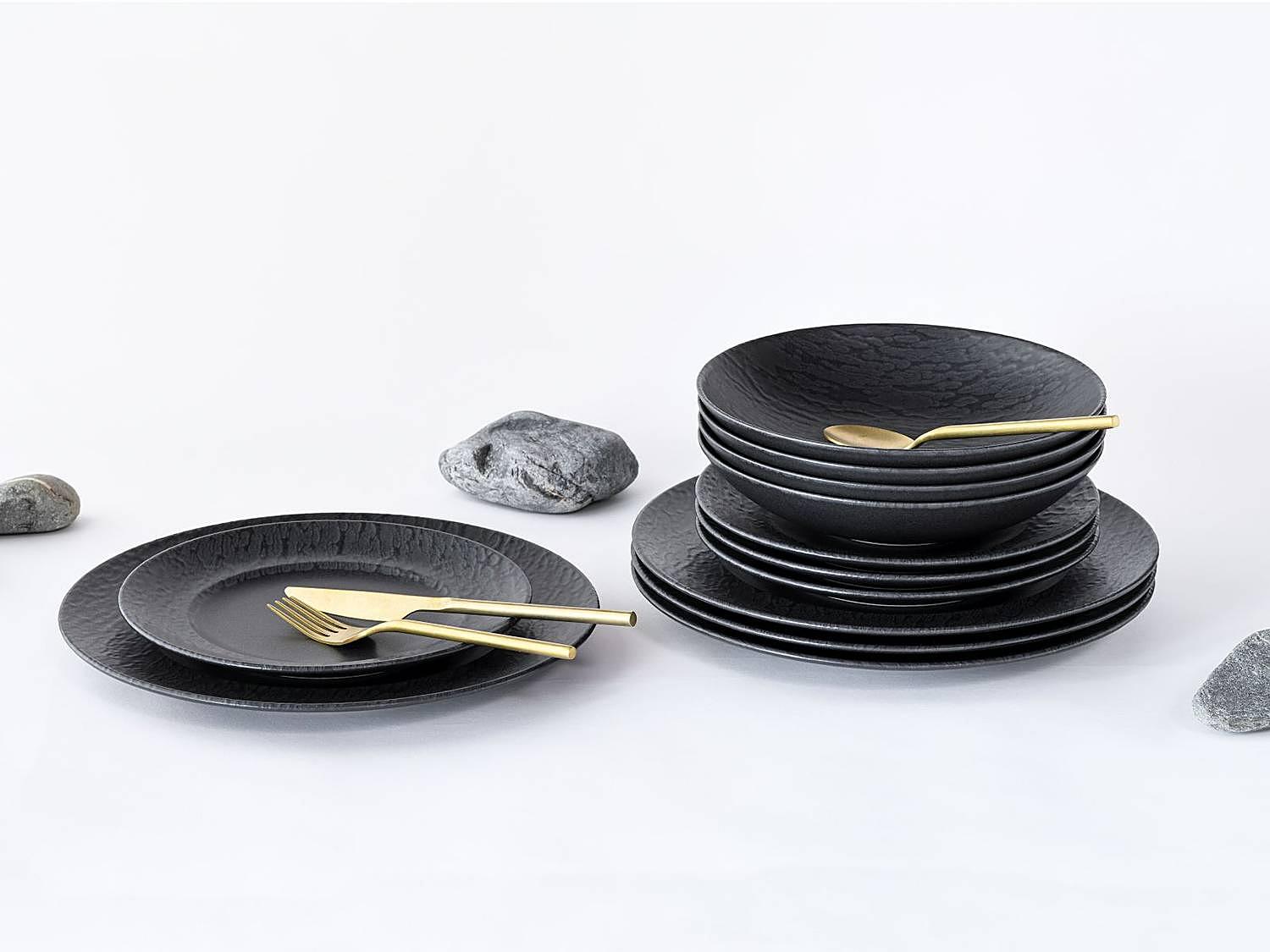 Tafelservice Schiefer Steinzeug Schwarz 12-teilig 2