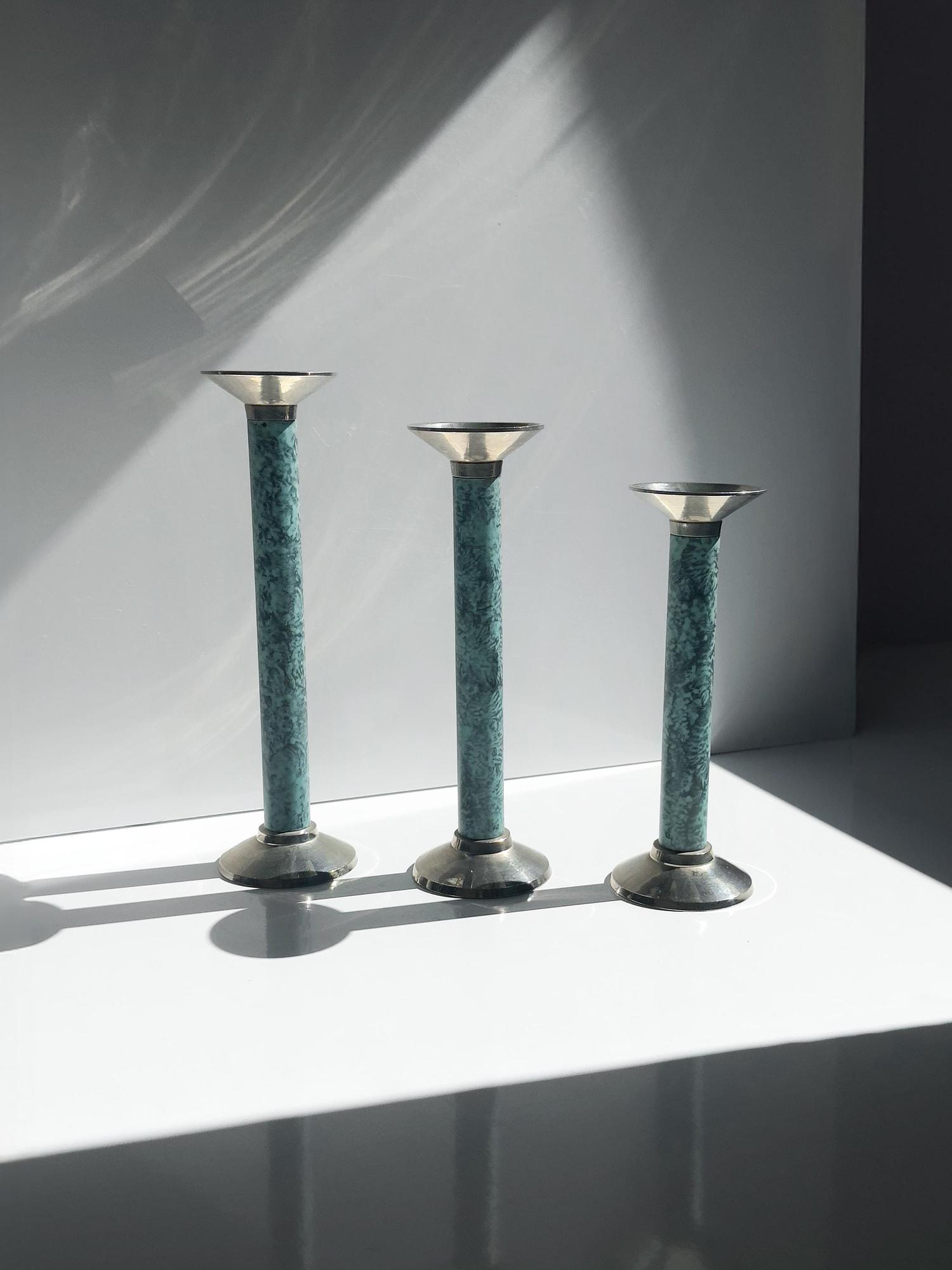 3er Set Vintage Kerzenständer mit türkisfarbener Marmoroptik 0