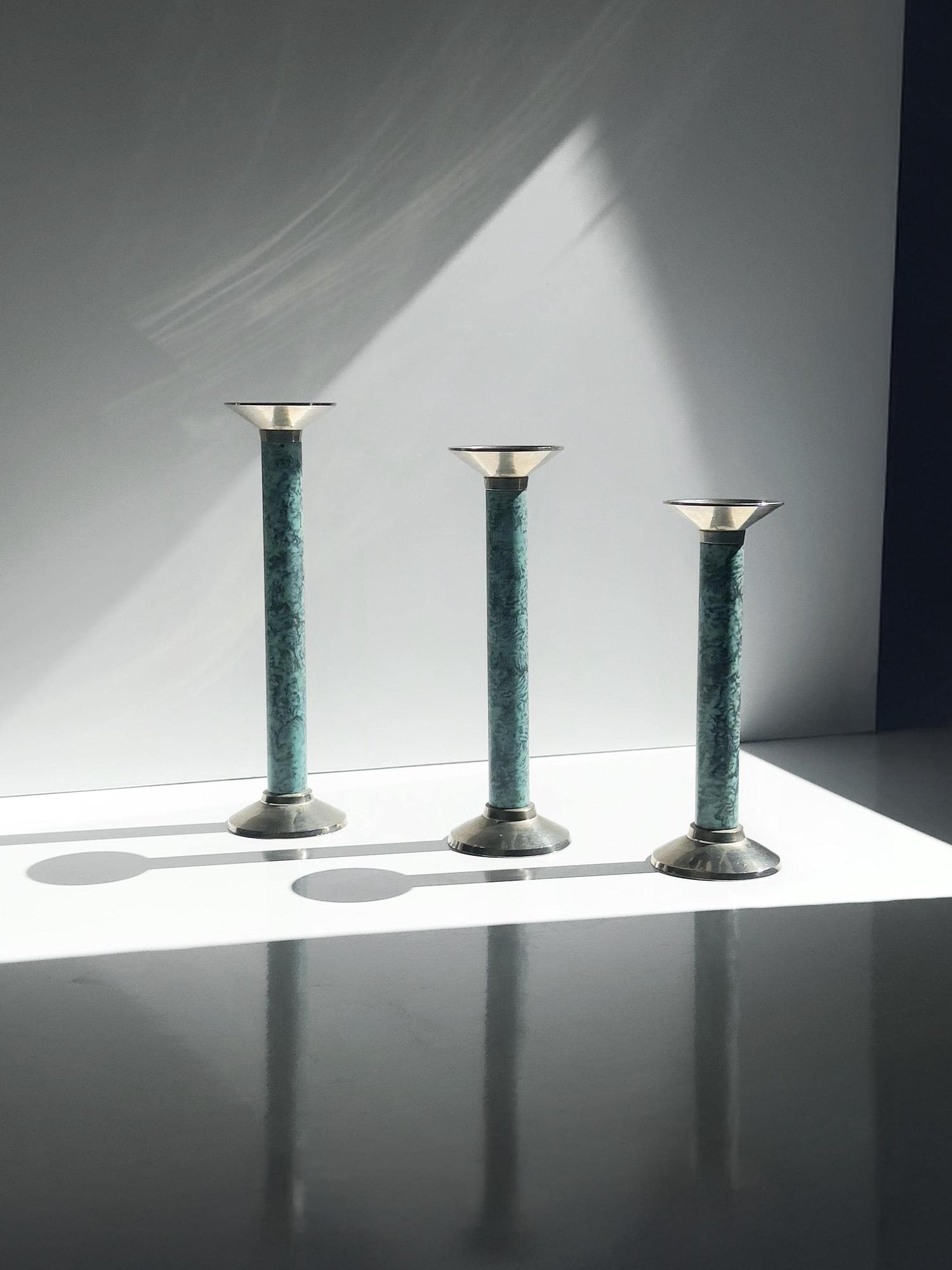 3er Set Vintage Kerzenständer mit türkisfarbener Marmoroptik 4